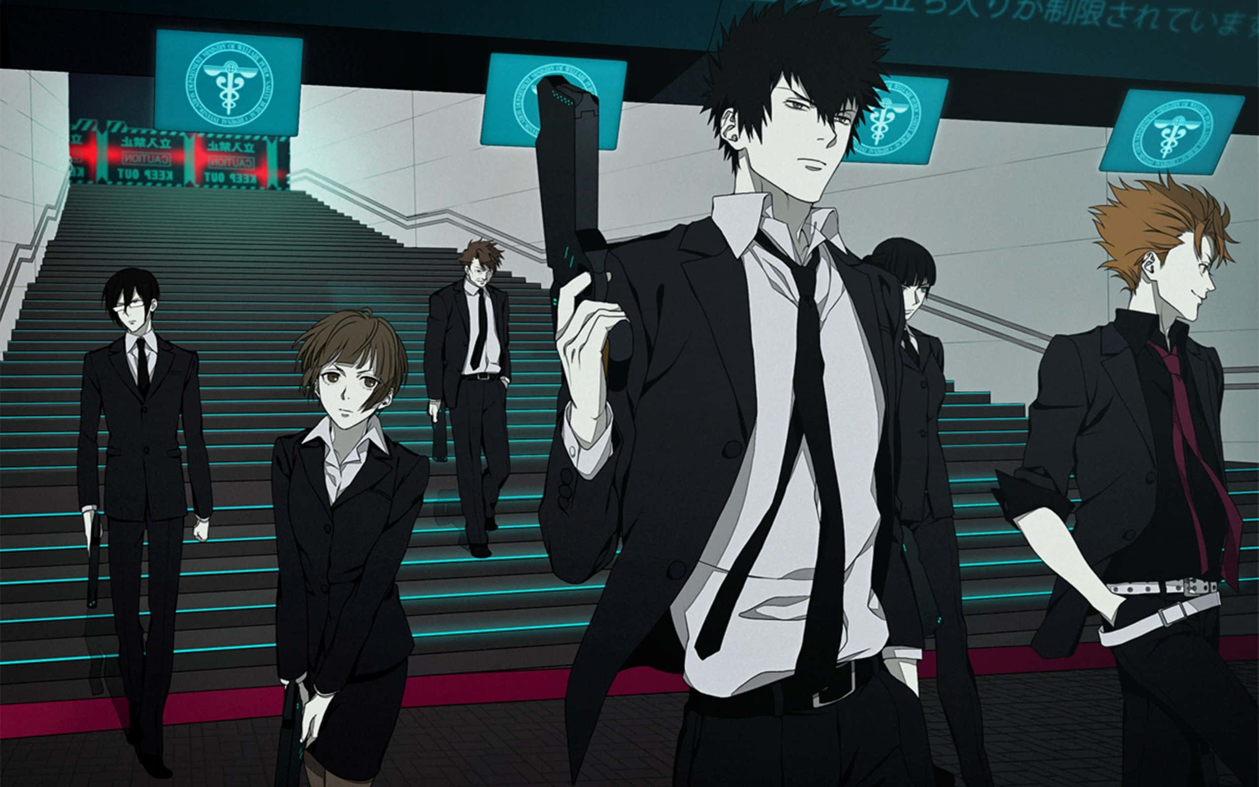 Shinya Kogami 桌布 壁紙 — 一群身穿黑色西裝的動漫角色站在未來車站發光的藍色樓梯上，上方有醫療符號。