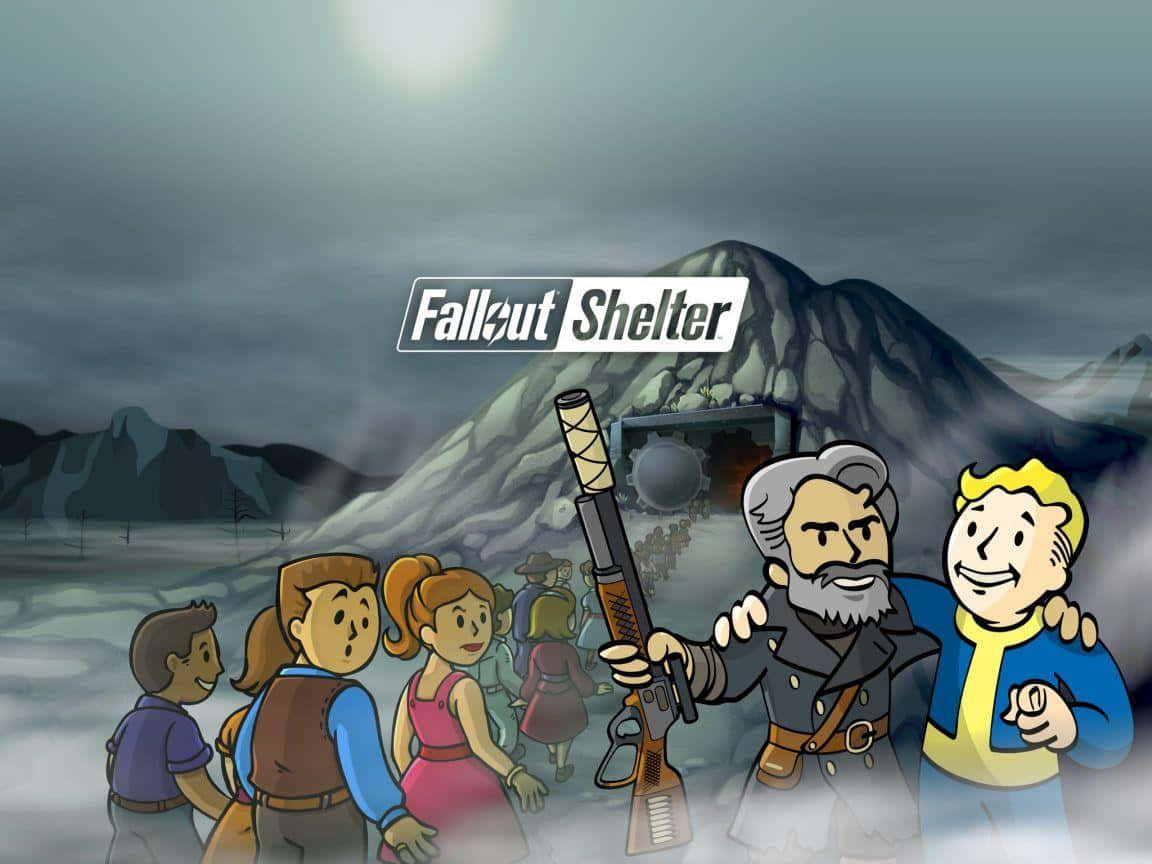 Fallout Shelter 桌布 壁紙 — 一群避難所居民從山區掩體中出現，天空陰沉，上方有Fallout Shelter標誌。