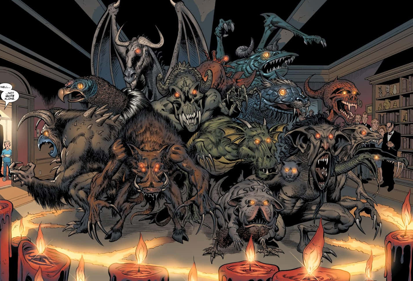Demon Realm 桌布 壁紙 — 一群長著發光眼睛和鋒利爪子的怪誕惡魔生物從被搖曳燭光照亮的圖書館地板中爆發出來，而人類則驚恐地反應。