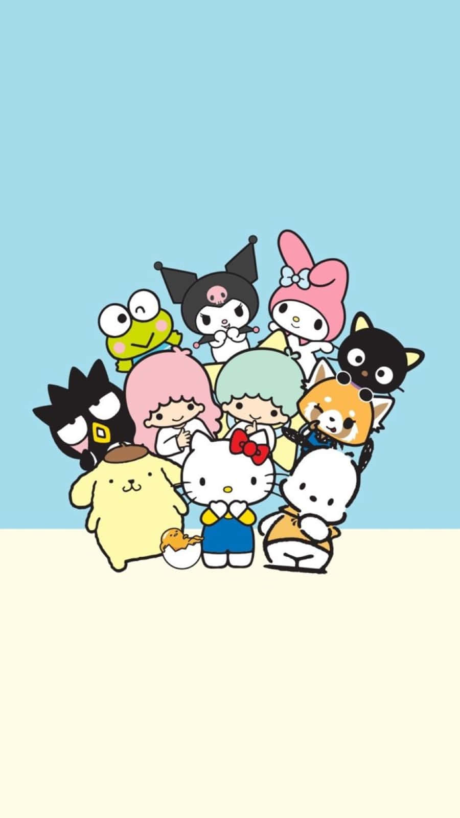 Hello Kitty And Friends 桌布 壁紙 — 一群開心的Sanrio角色，如Hello Kitty和My Melody，在柔和的藍色和奶油色背景前一起擺姿勢。