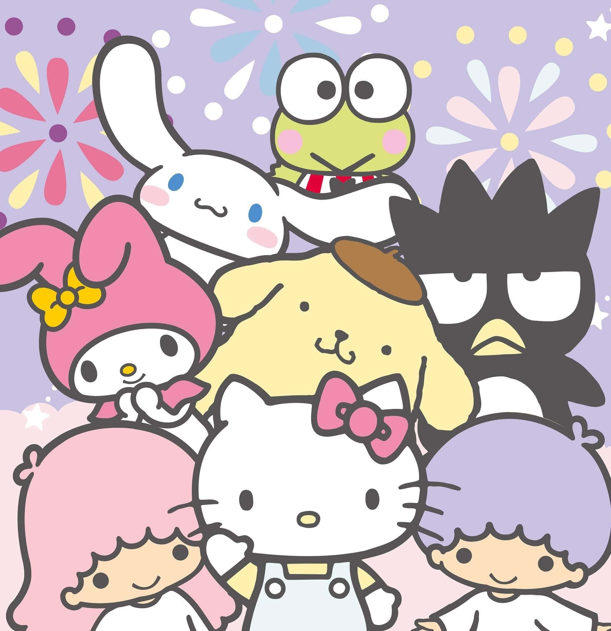 Hello Kitty And Friends 桌布 壁紙 — 一群開心的Sanrio角色，如Hello Kitty和My Melody，在粉彩花卉背景前一起擺姿勢。