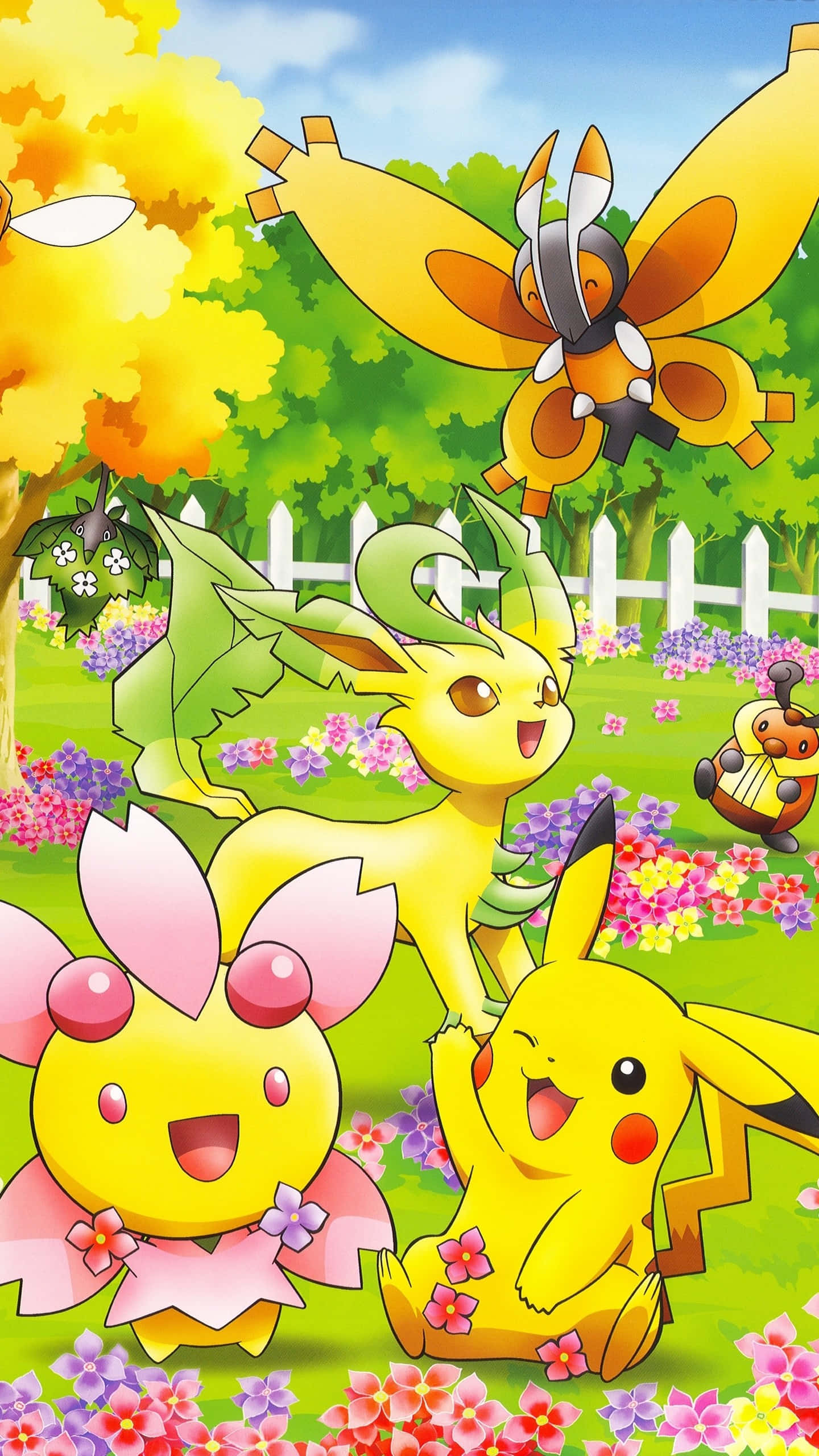 Pokemon Characters 桌布 壁紙 — 一群開心的寶可夢，包括比卡超和葉伊布，在色彩繽紛的花朵間玩耍，背景是明亮的藍天。