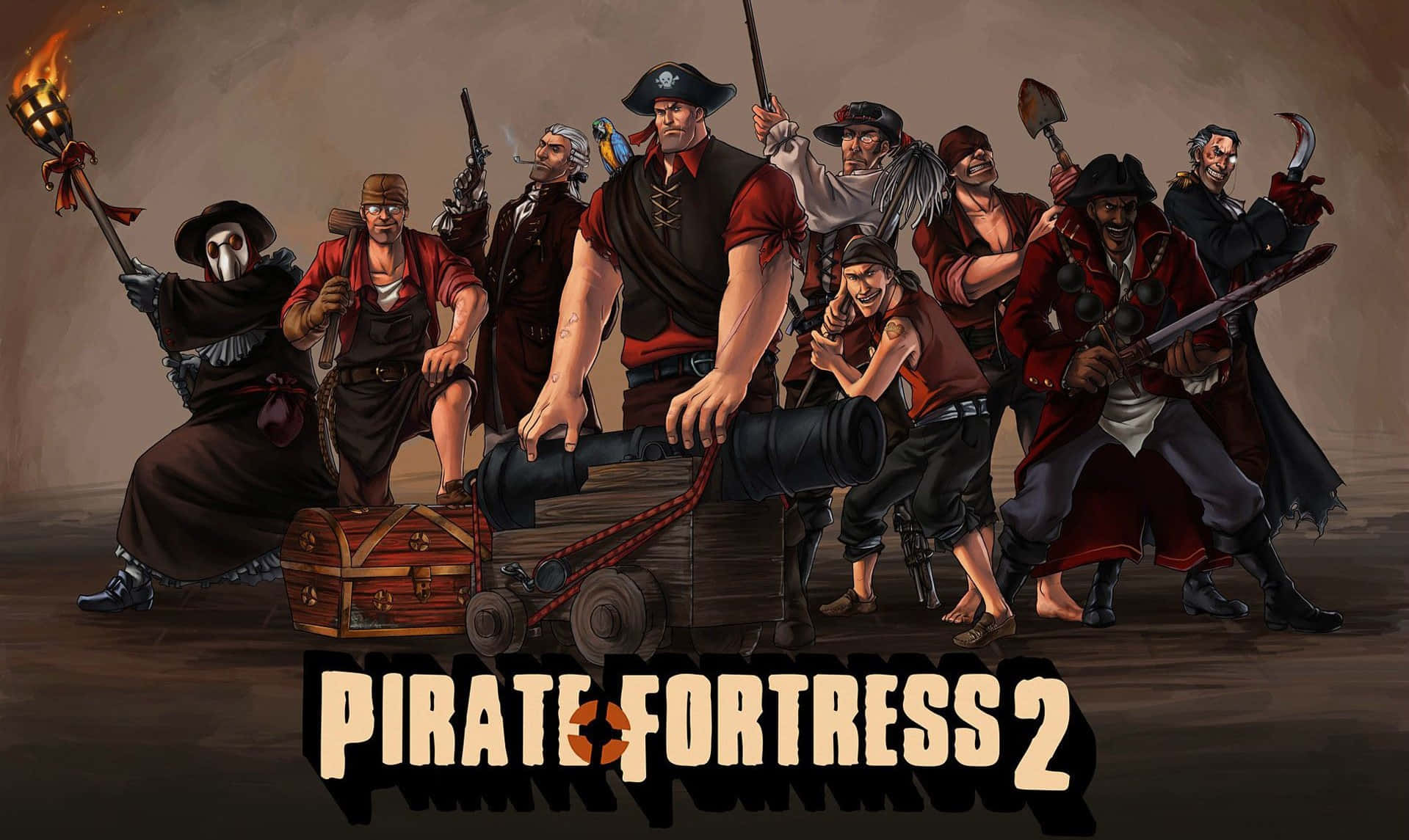 Team Fortress 2 Characters 桌布 壁紙 — 一群風格化的海盜手持武器和大砲，在柔和的棕色背景下戲劇性地擺姿勢。
