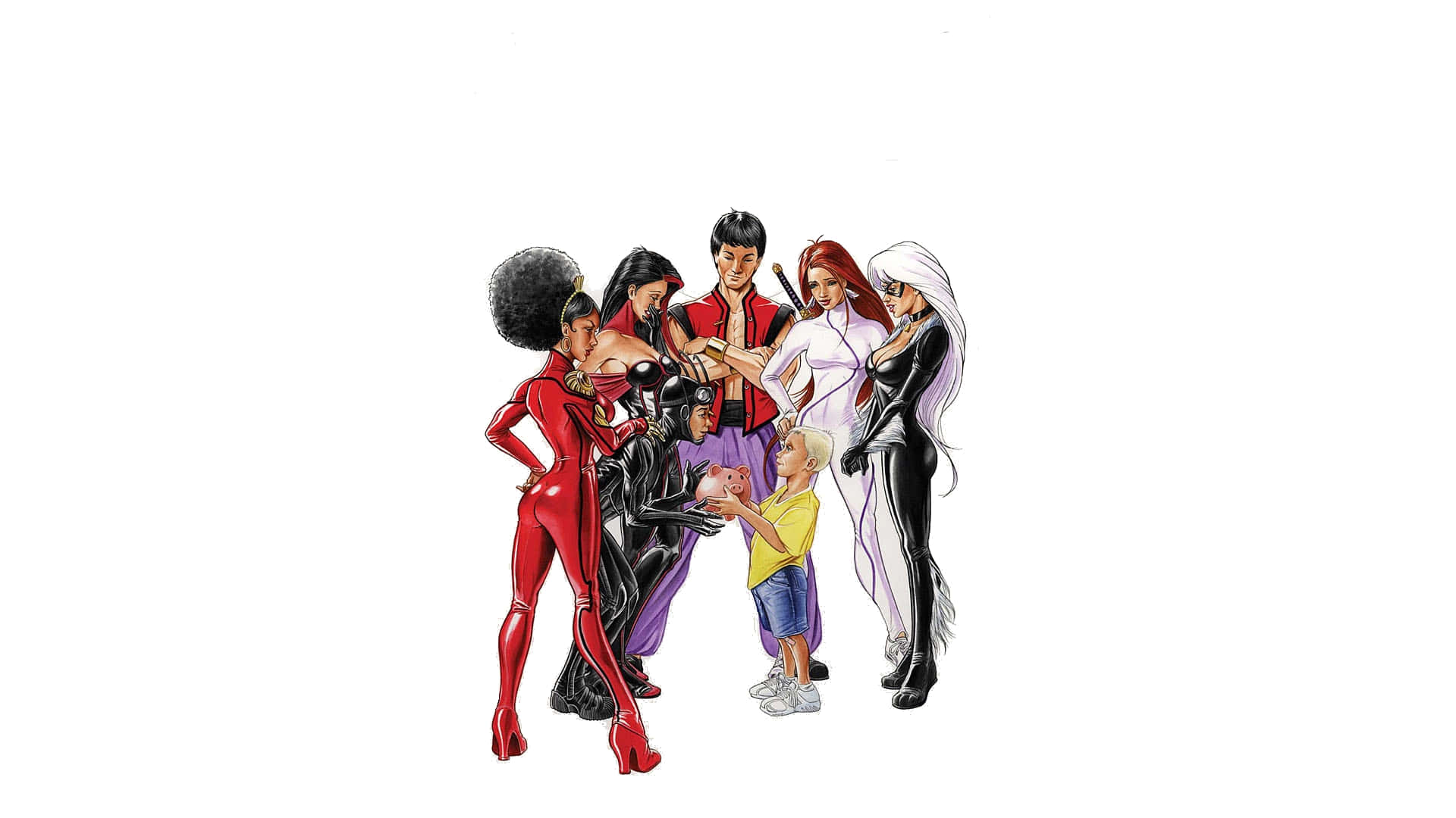 Heroes For Hire 桌布 壁紙 — 一群風格化的漫畫角色穿著色彩繽紛的服裝，圍繞著一個拿著存錢筒的小孩擺姿勢。
