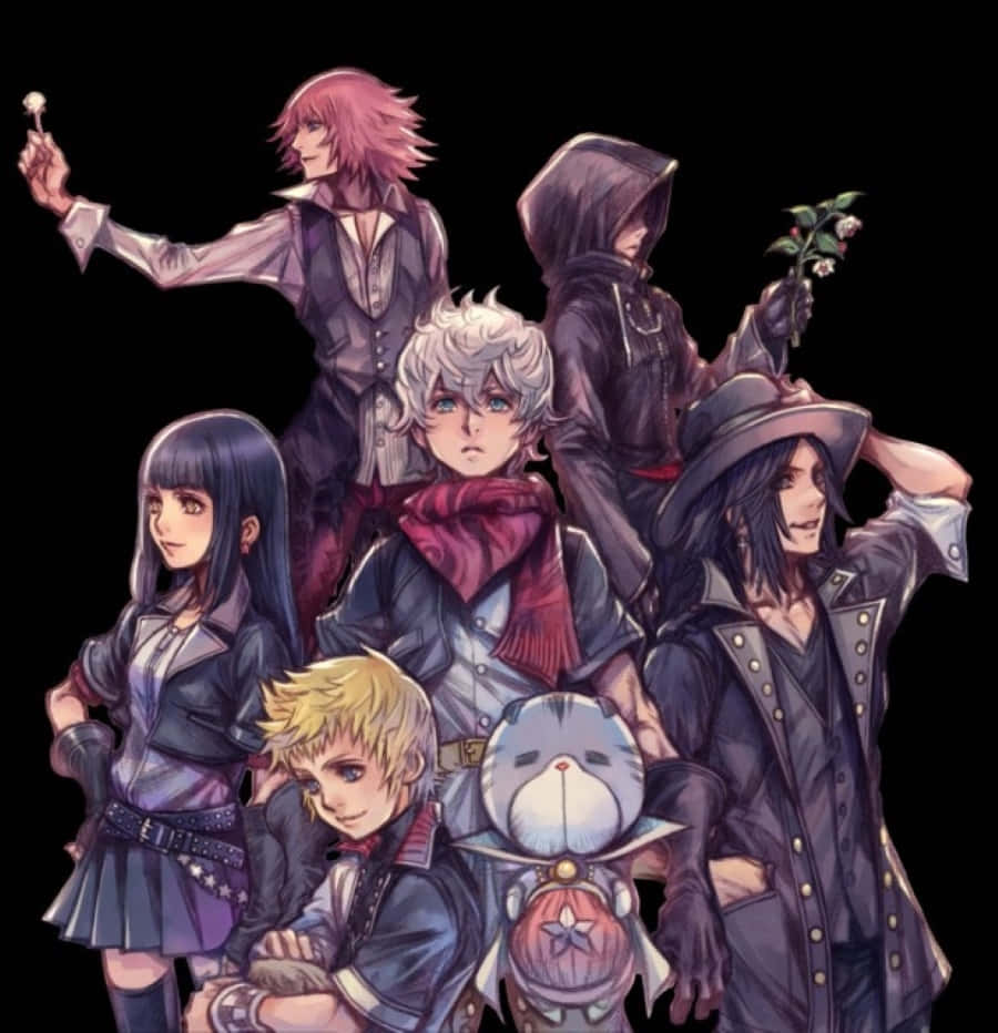 Kingdom Hearts Ventus 桌布 壁紙 — 一群髮色和服裝各異的動漫角色在黑色背景前擺姿勢，手持鮮花和一個毛絨玩具。