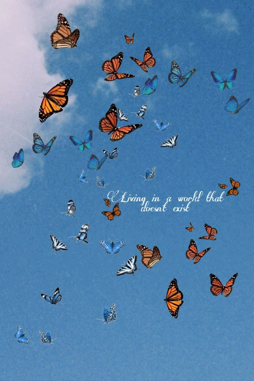 Butterfly Quotes 桌布 壁紙 — 一群鮮豔的橙色帝王蝶和藍色蝴蝶在明亮的藍天中飛翔，伴隨著柔軟的白雲。