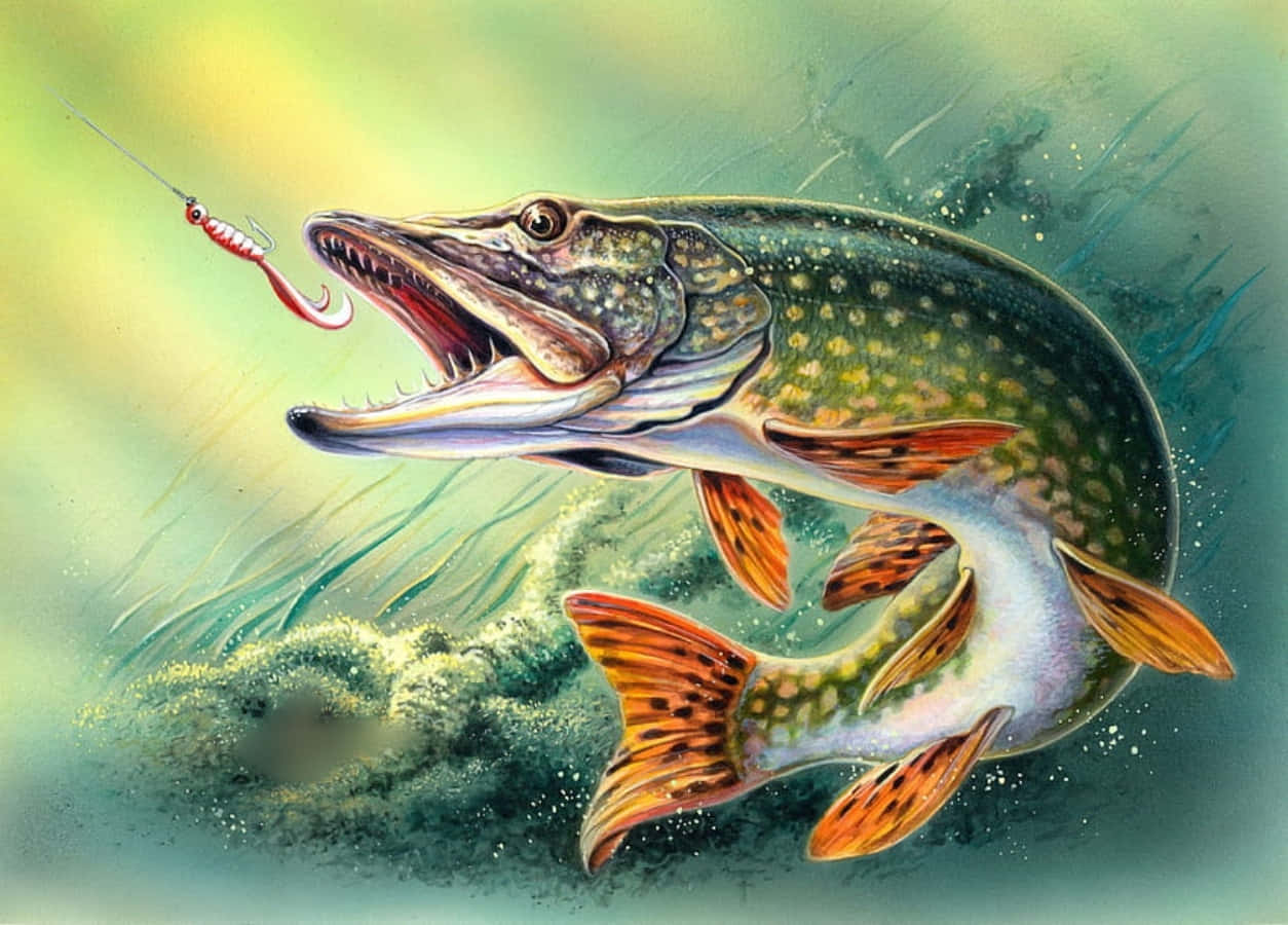 一群鯰魚穿過清澈水域 壁紙 — 一條兇猛的梭子魚從渾水中撲出，用鋒利的牙齒奪取一個紅色魚餌。