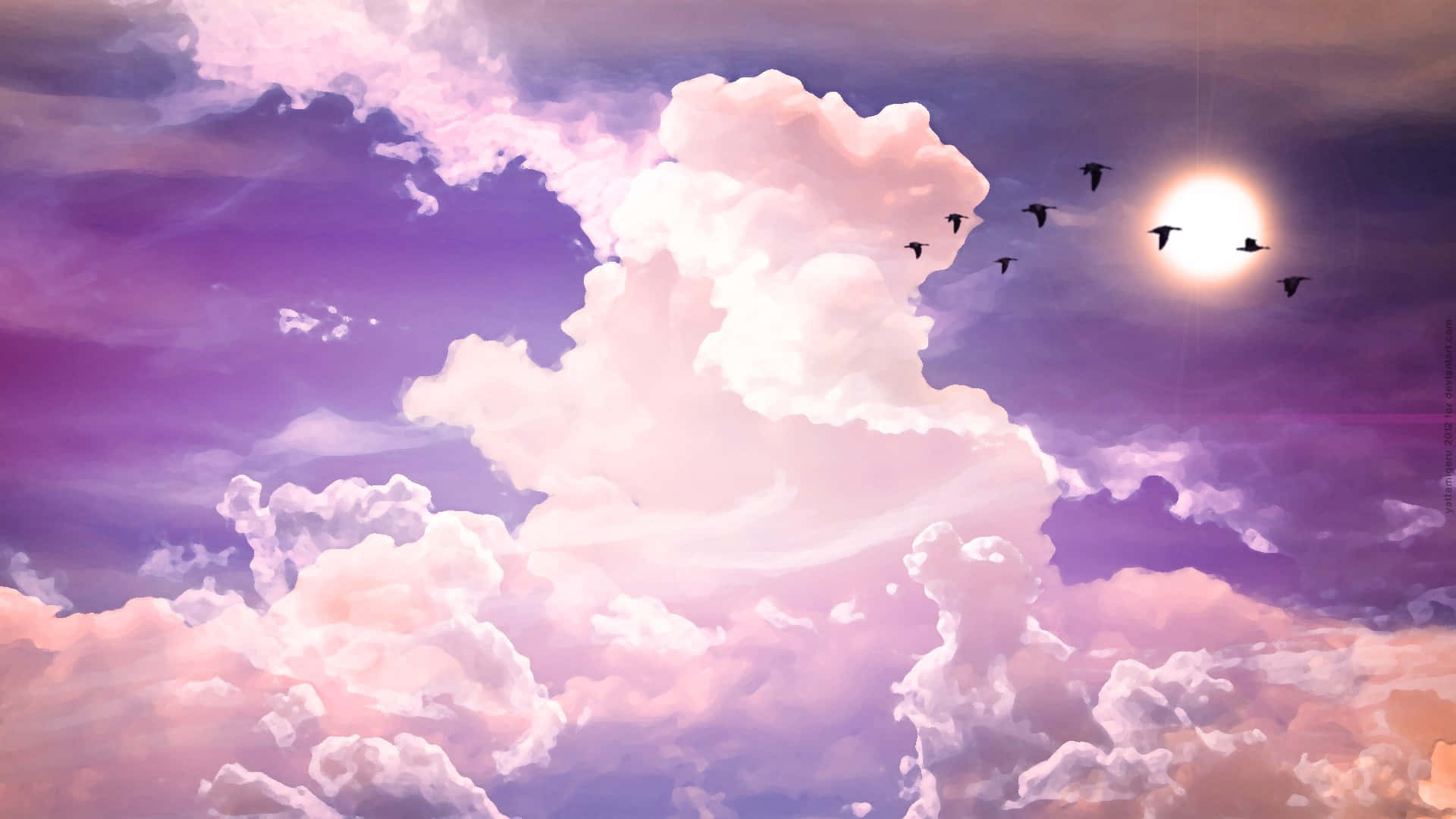 Aesthetic YouTube 桌布 壁紙 — 一群鳥兒飛向發光的太陽，穿過柔和的粉紅色和紫色雲朵，在夢幻般的天空中。