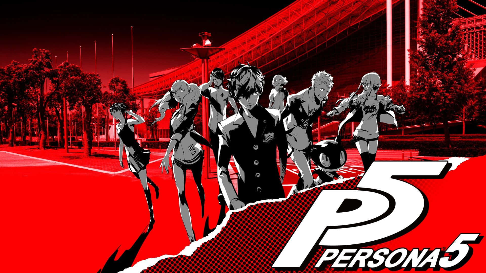 persona 桌布 壁紙 — 一群黑白動畫角色自信地站在鮮紅色城市背景前，帶有 Persona 5 標誌。