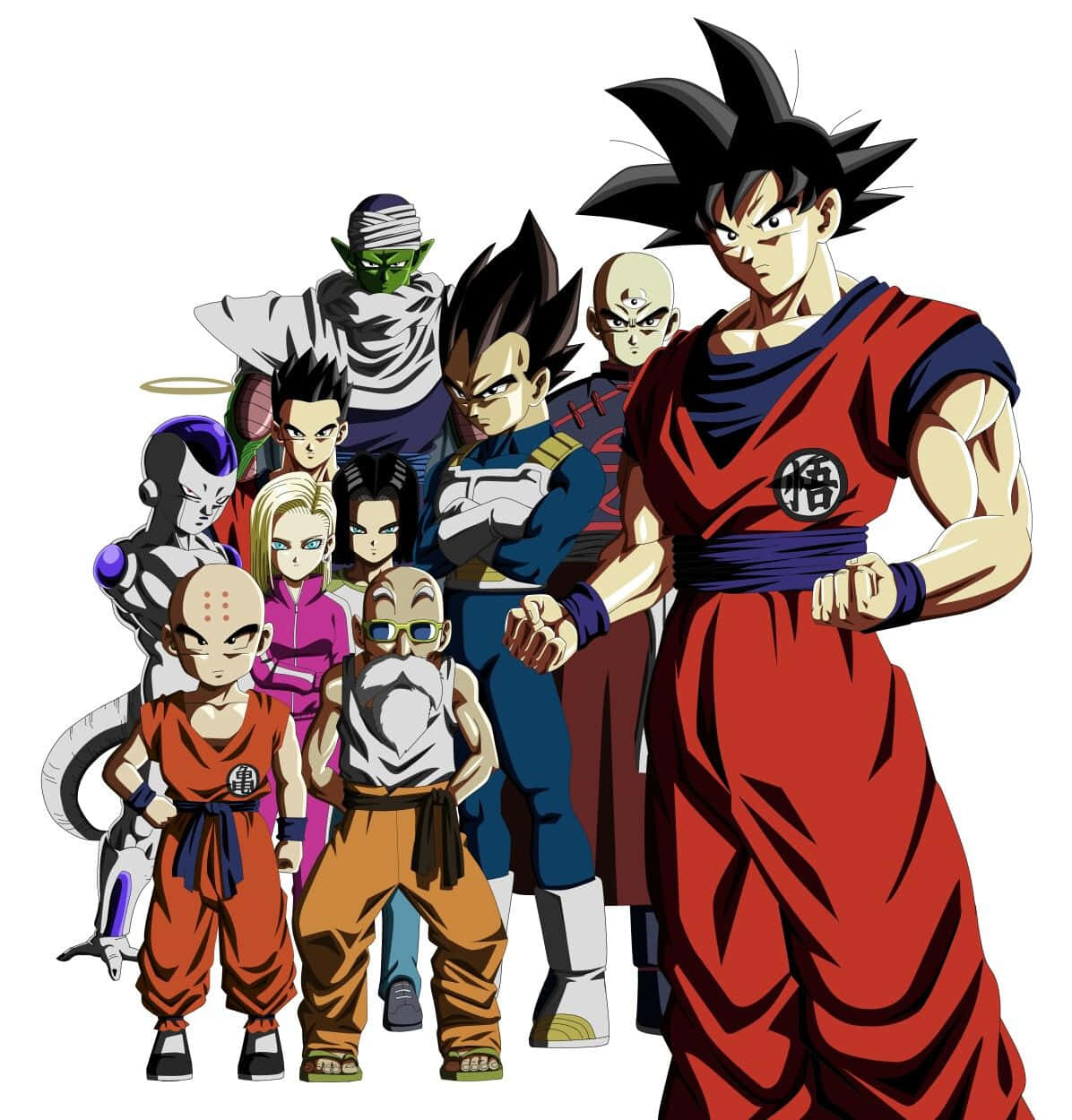 Dragon Ball Characters 桌布 壁紙 — 一群龍珠動畫角色以英雄姿態在純白背景前擺出動態姿勢。