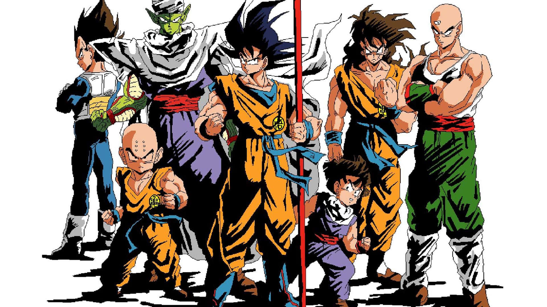 Dragon Ball Z Characters 桌布 壁紙 — 一群龍珠戰士在純白背景下擺出戰鬥姿勢的動態動漫群像。