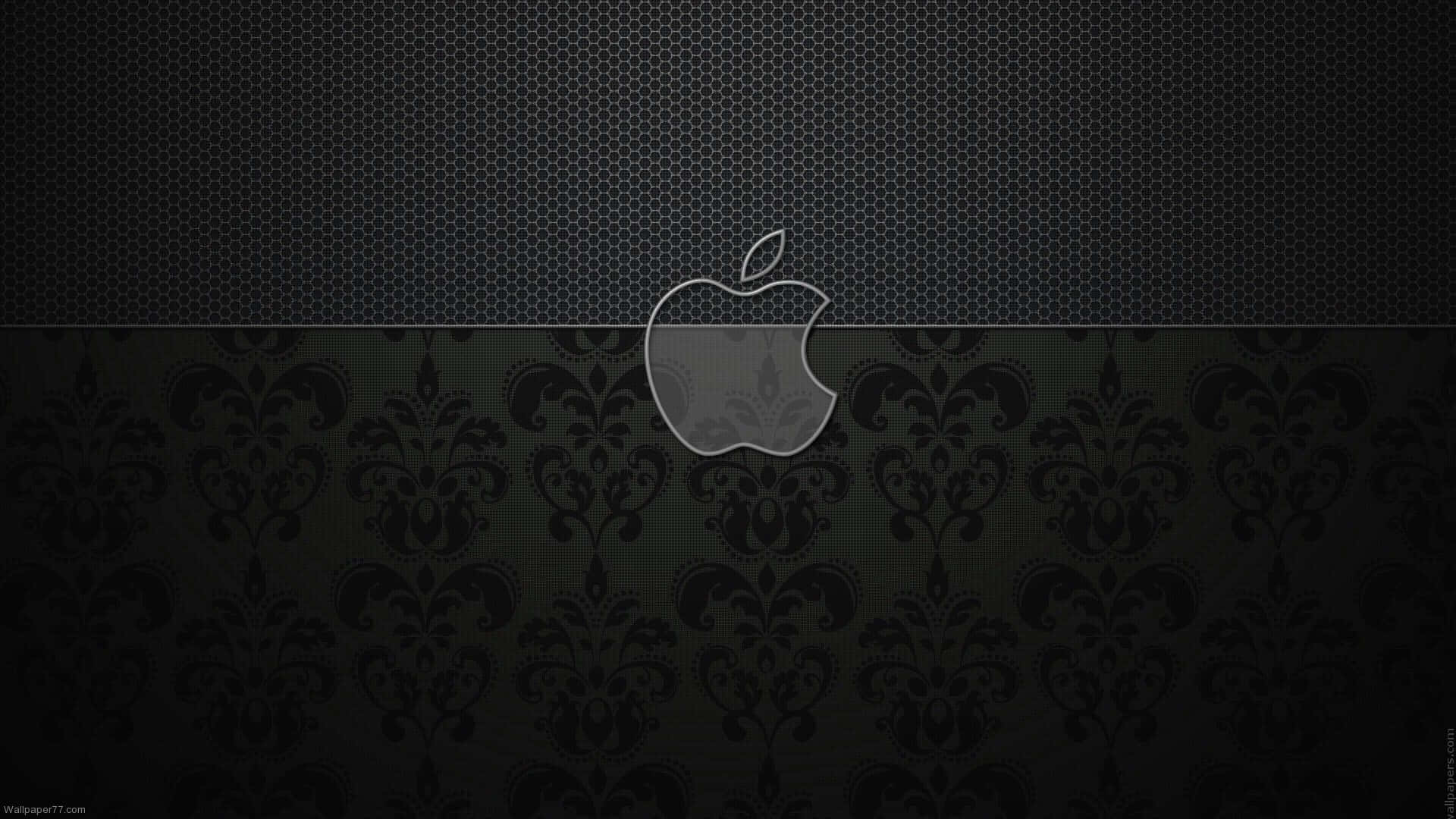 Apple標誌在深色六邊形和大馬士革圖案背景上。