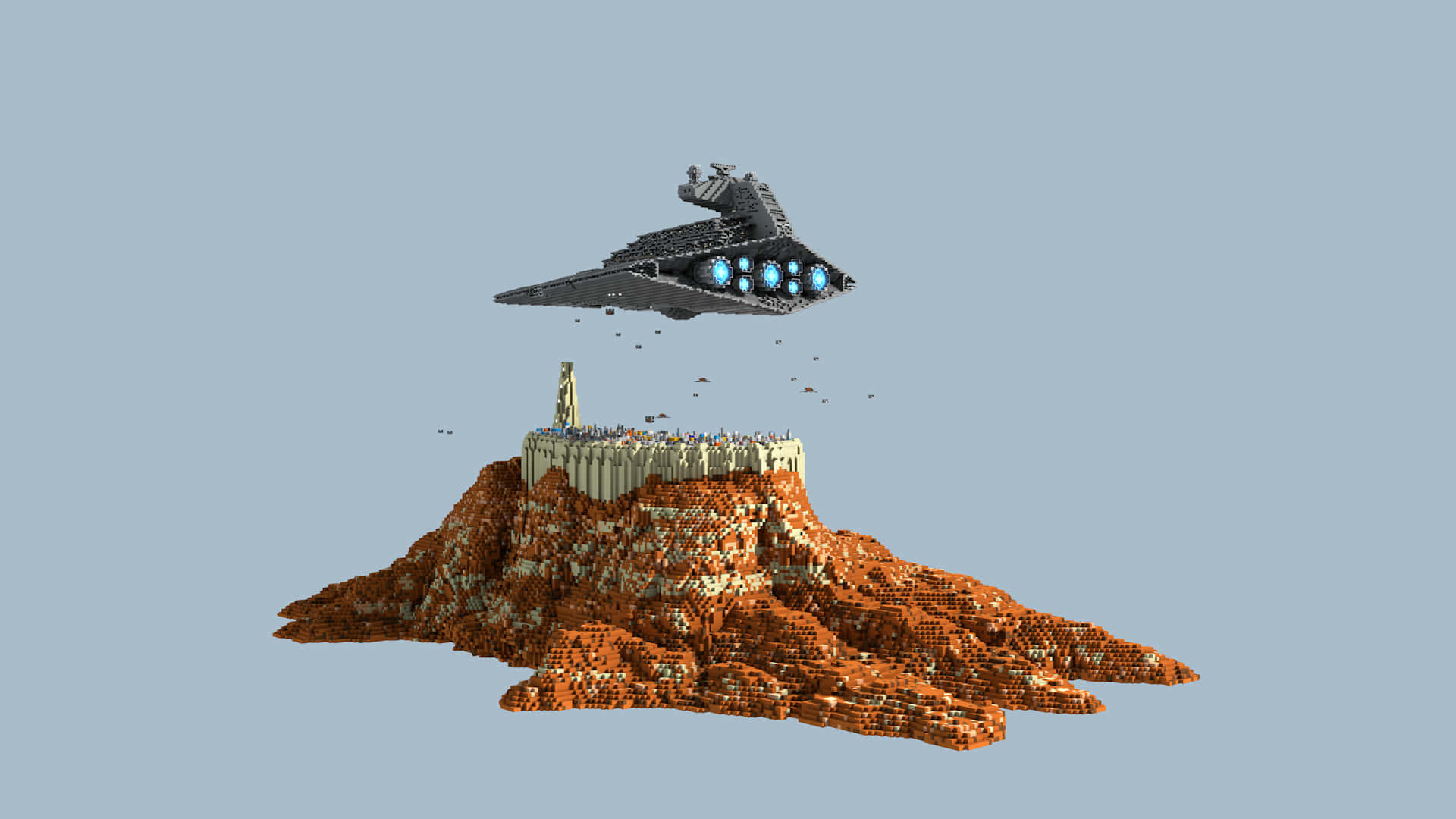 Jedha 桌布 壁紙 — 一艘LEGO風格的星際毀滅者飛船盤旋在沙漠台地上方，下方有寺廟和微小人物。