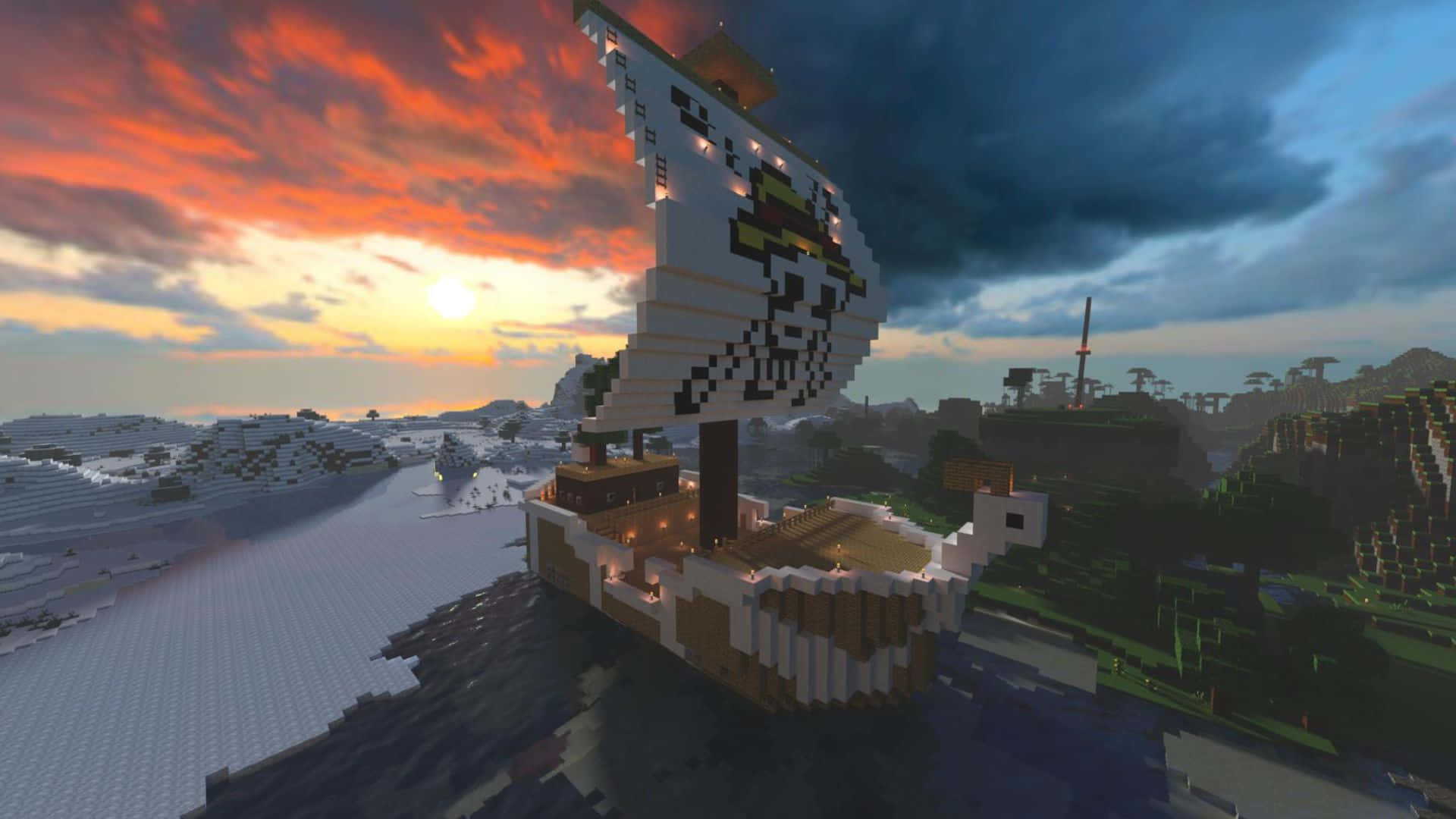 Going Merry 桌布 壁紙 — 一艘像素化的Minecraft海盜船在冰凍水域上航行，天空是熾熱的日落，伴有戲劇性的雲彩。