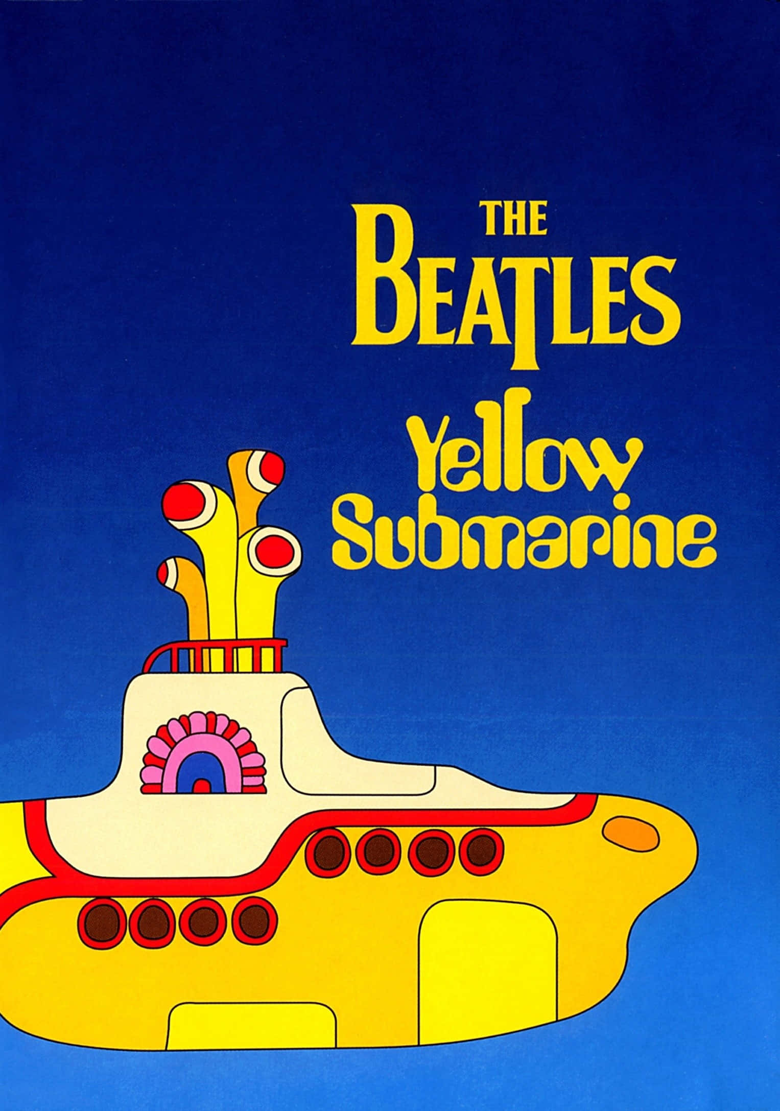 Yellow Submarine 桌布 壁紙 — 一艘充滿活力的黃色潛艇帶有迷幻細節，漂浮在深藍色背景上，上方有粗體黃色文字寫著「The Beatles Yellow Submarine」。