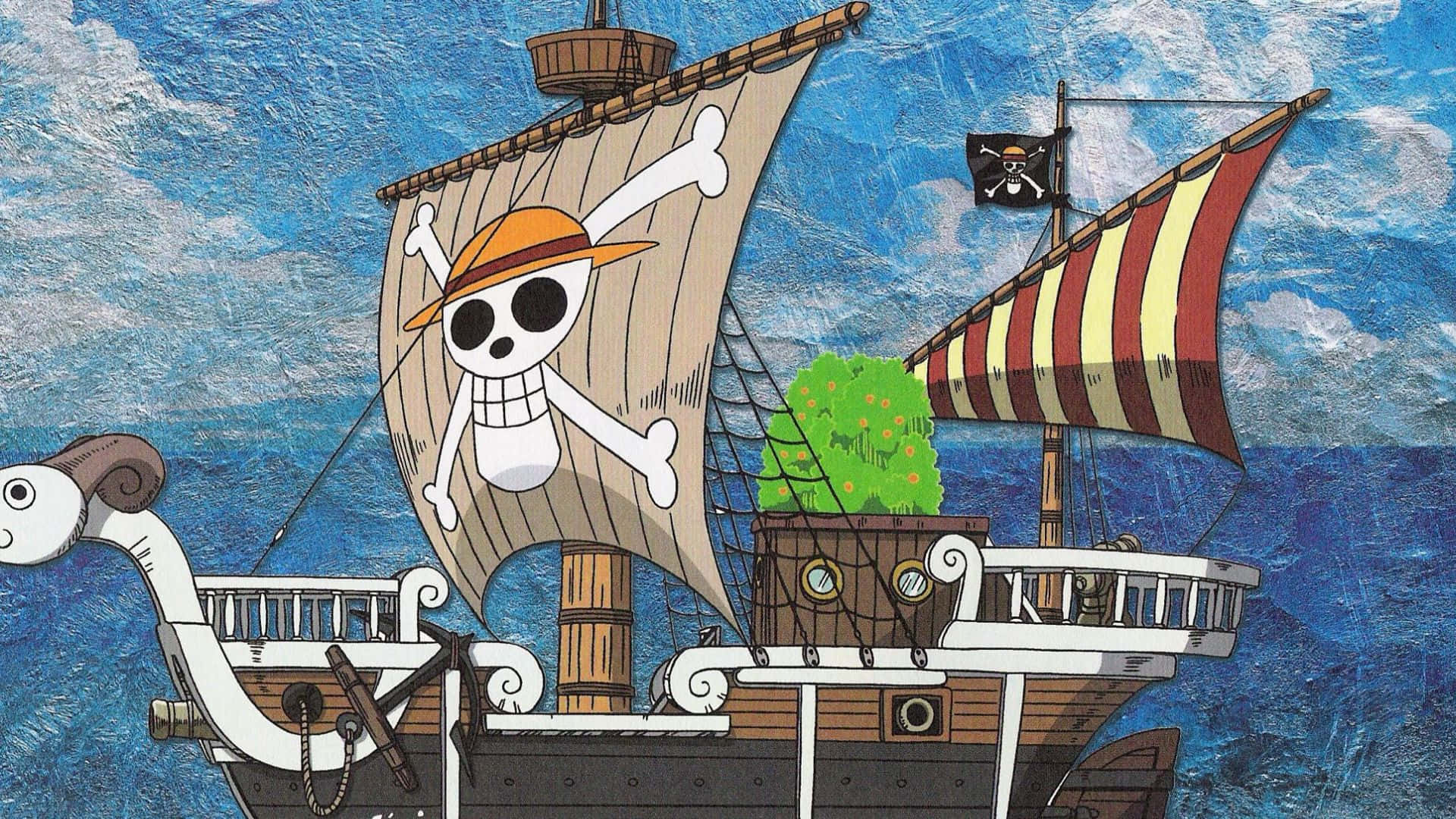 Going Merry 桌布 壁紙 — 一艘卡通海盜船，掛著骷髏頭旗幟，航行在紋理豐富的藍色海浪中。