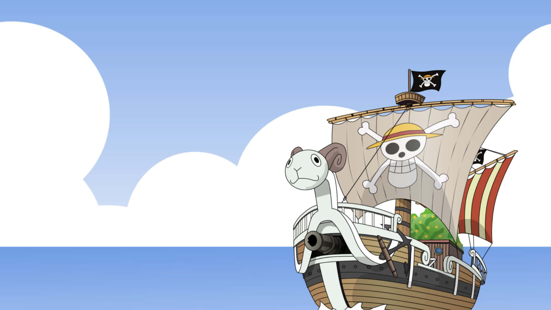 Going Merry 桌布 壁紙 — 一艘卡通海盜船掛著骷髏旗，在晴朗天空下、蓬鬆白雲之間，航行於平靜的藍色水域。
