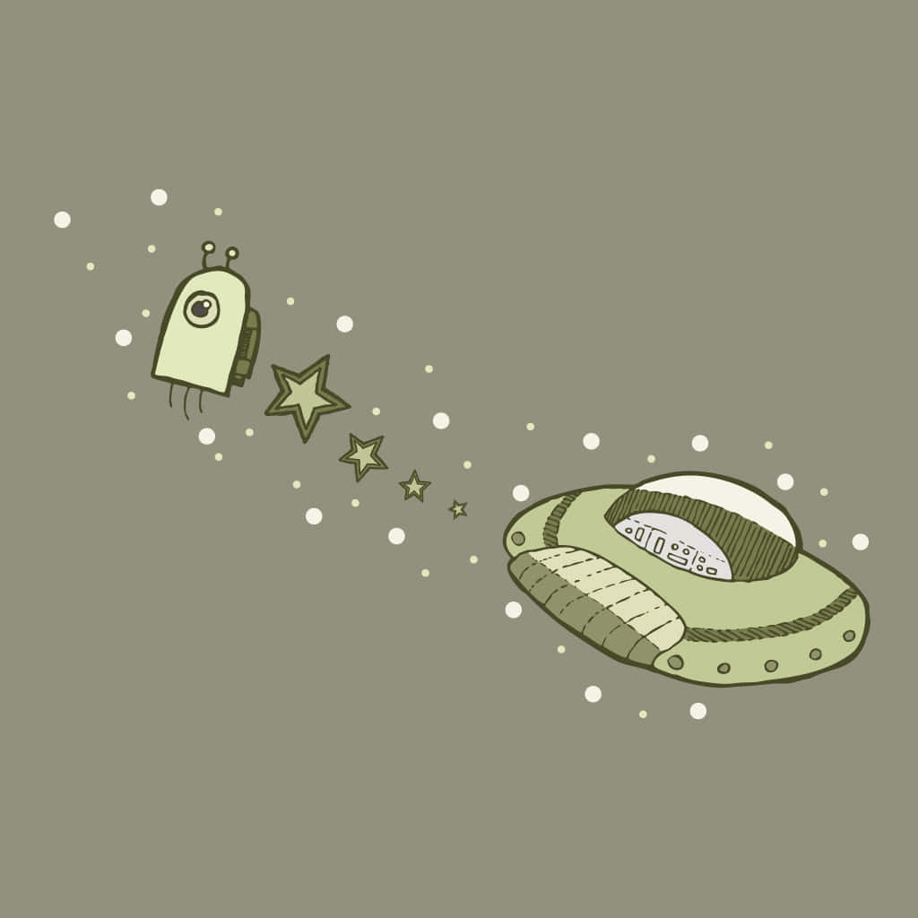 美學 iPad 壁紙 桌布 壁紙 — 一艘可愛的綠色外星飛船帶著星星軌跡，在極簡橄欖色背景中飛過一個小機械人。
