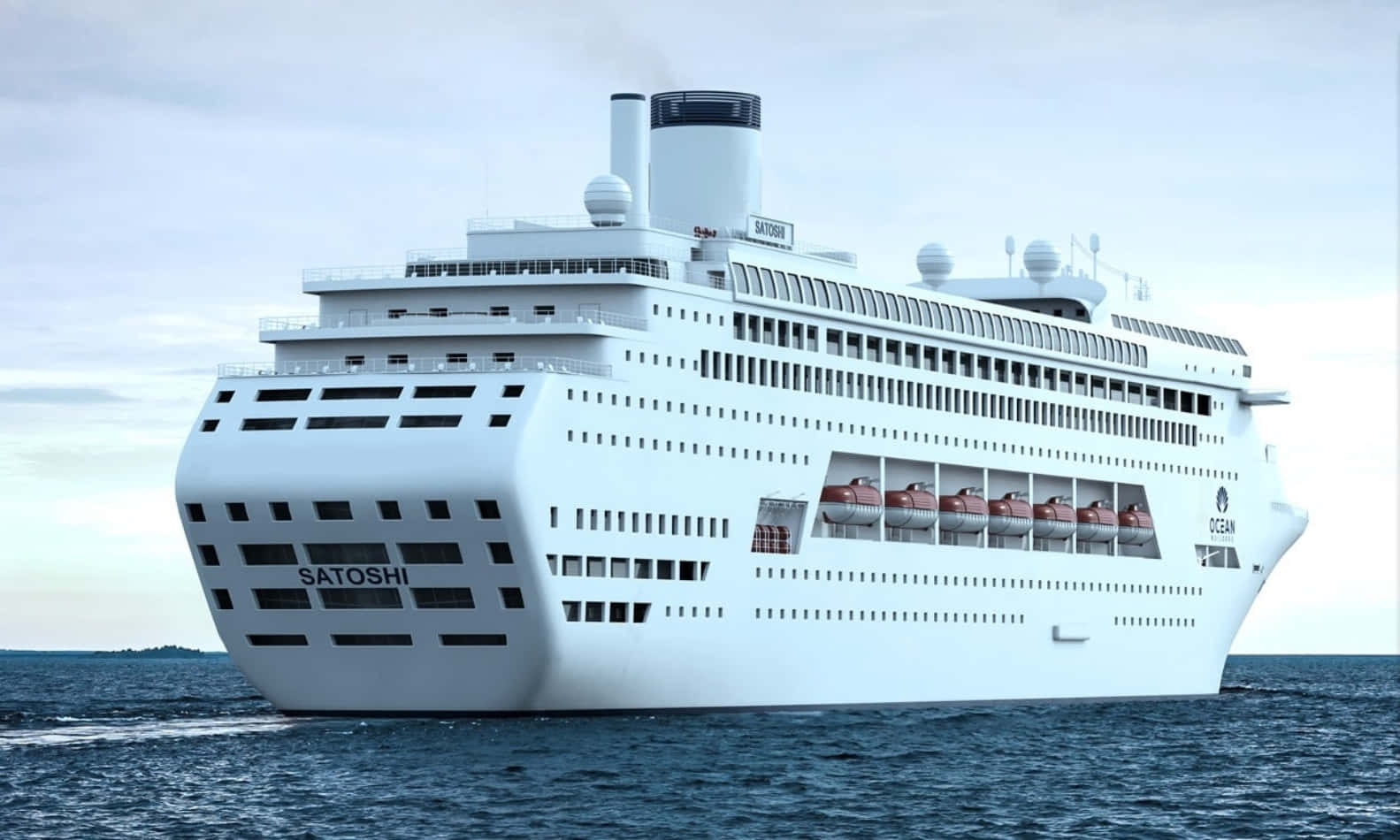 Ship 桌布 壁紙 — 一艘名為 Satoshi 的巨大白色郵輪在多雲的天空下平靜地航行在深藍色的海洋上。