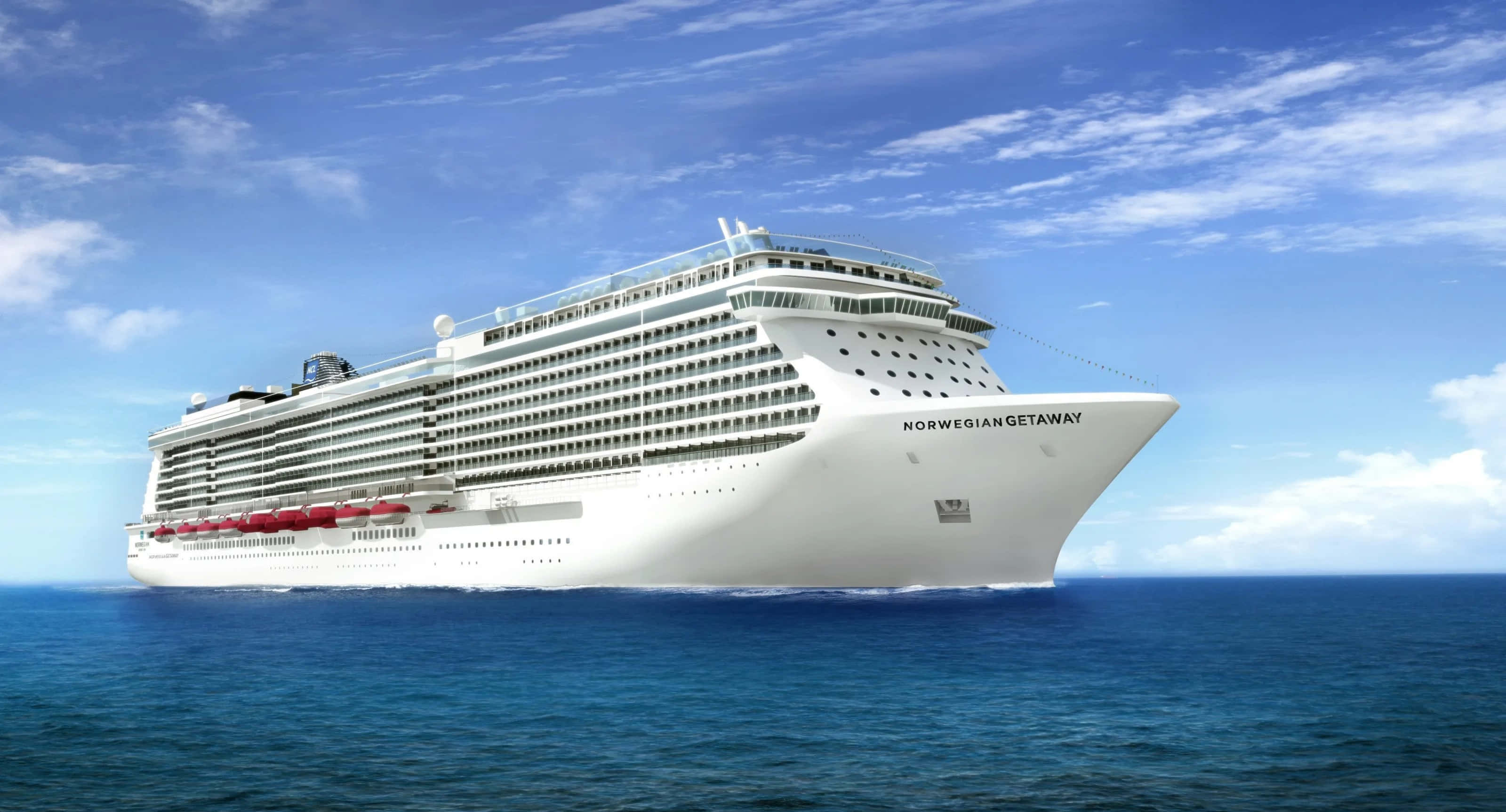 Ship 桌布 壁紙 — 一艘名為Norwegian Getaway的巨型白色郵輪，在藍天白雲下優雅地航行於深藍色的海洋中。