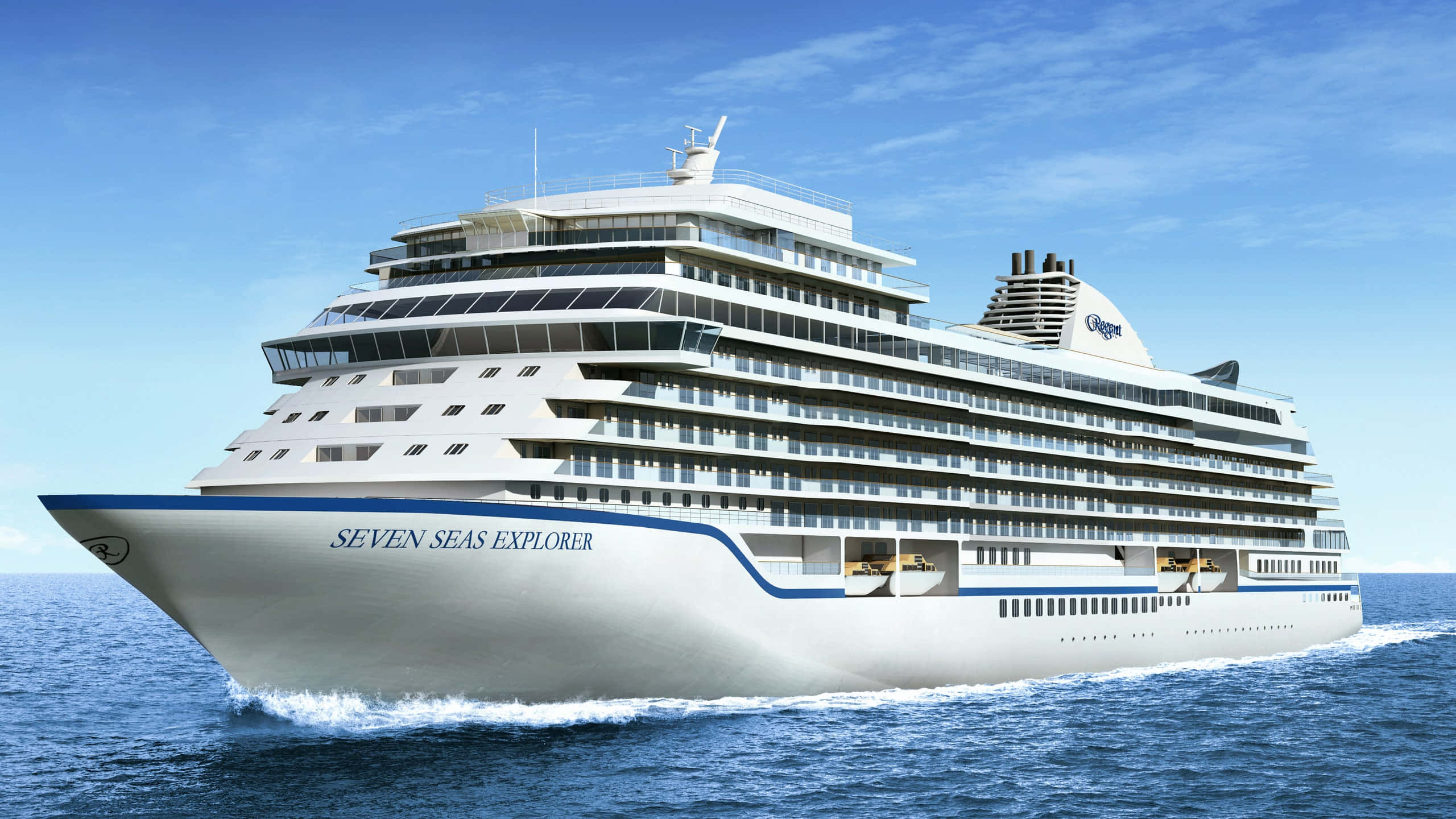 Cruise Ship 桌布 壁紙 — 一艘名為七海探索者的巨大白色郵輪在晴朗的天空下平穩地航行於深藍色的海洋中。