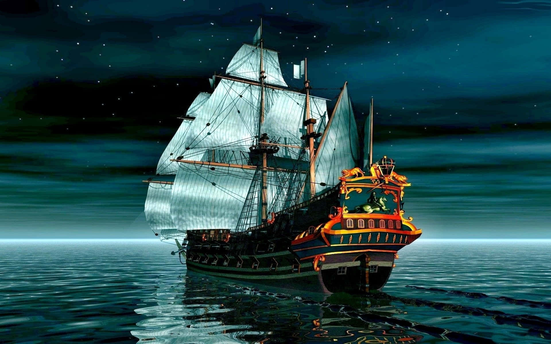 Ship 桌布 壁紙 — 一艘大型帆船在星空下航行，船帆鼓起，劃過平靜的藍綠色水域。