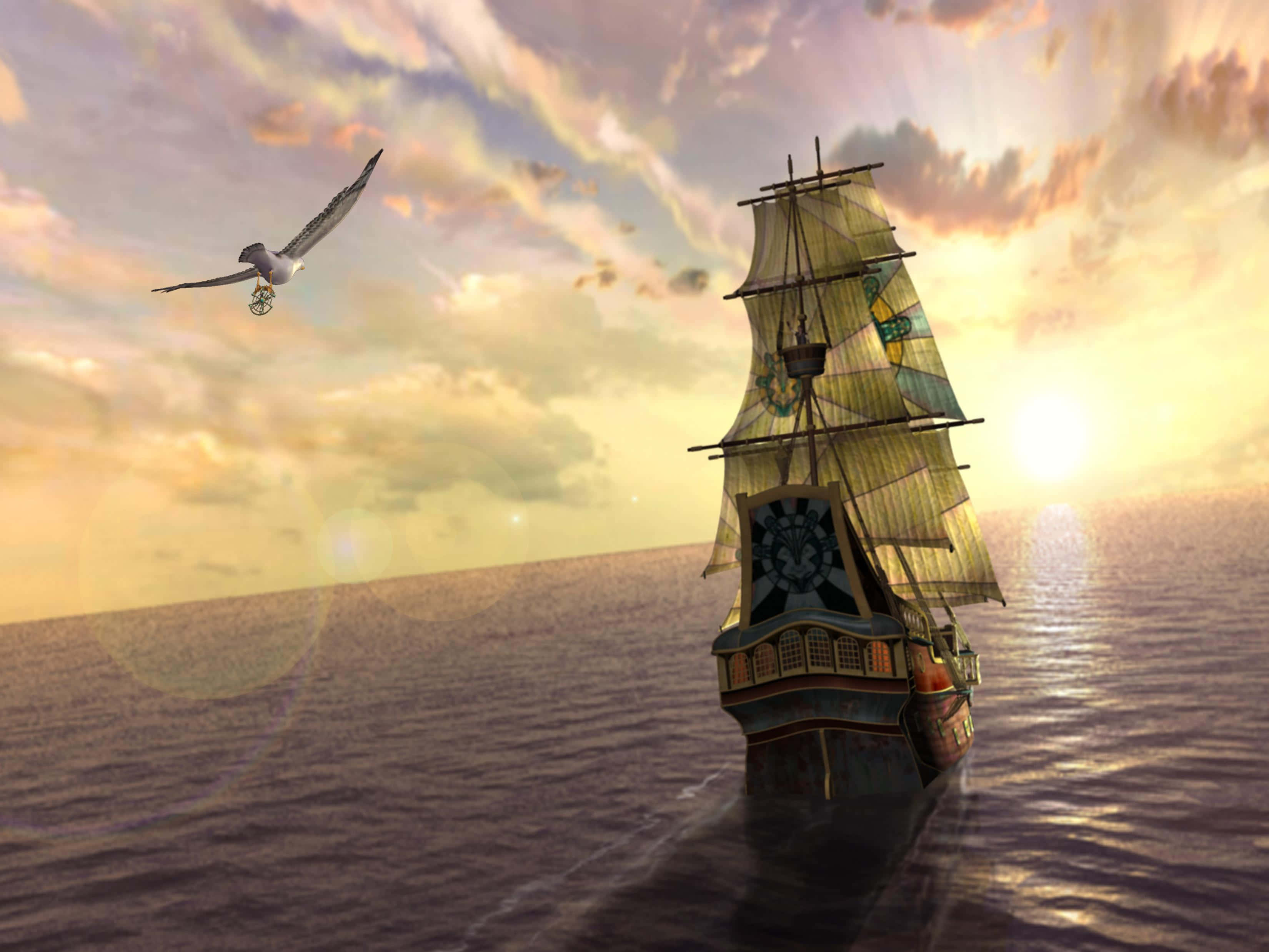 Ship 桌布 壁紙 — 一艘大帆船在日落時分於平靜的海面上滑行，一隻海鷗在金色天空中翱翔。