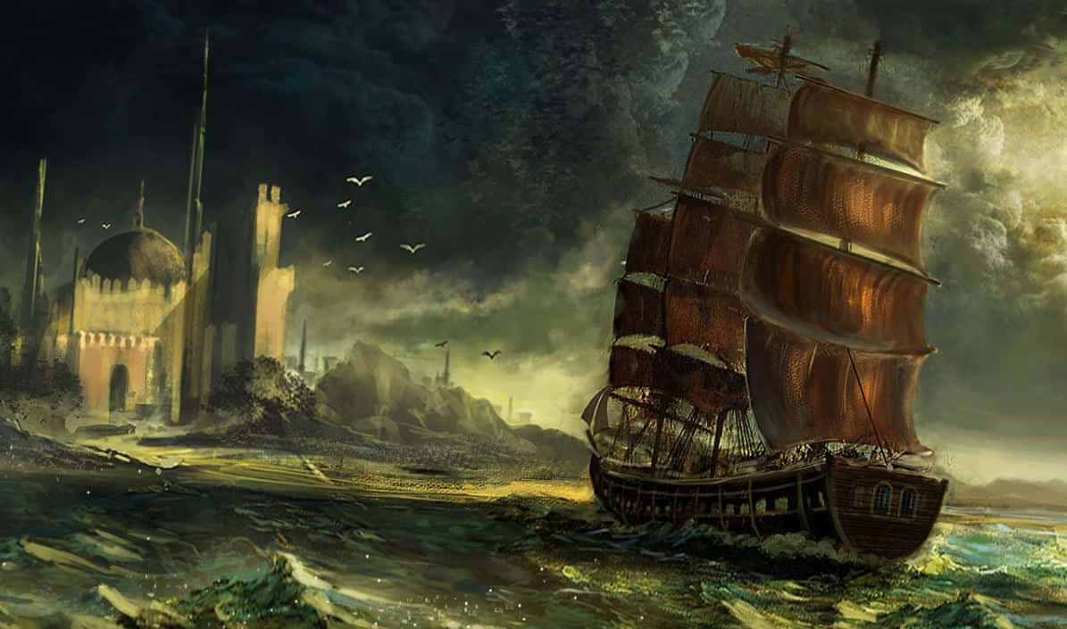 Pirate Ship 桌布 壁紙 — 一艘大帆船鼓起風帆，在風暴肆虐的海面上航行，駛向一座神秘城堡，背景是戲劇性的暮色天空。