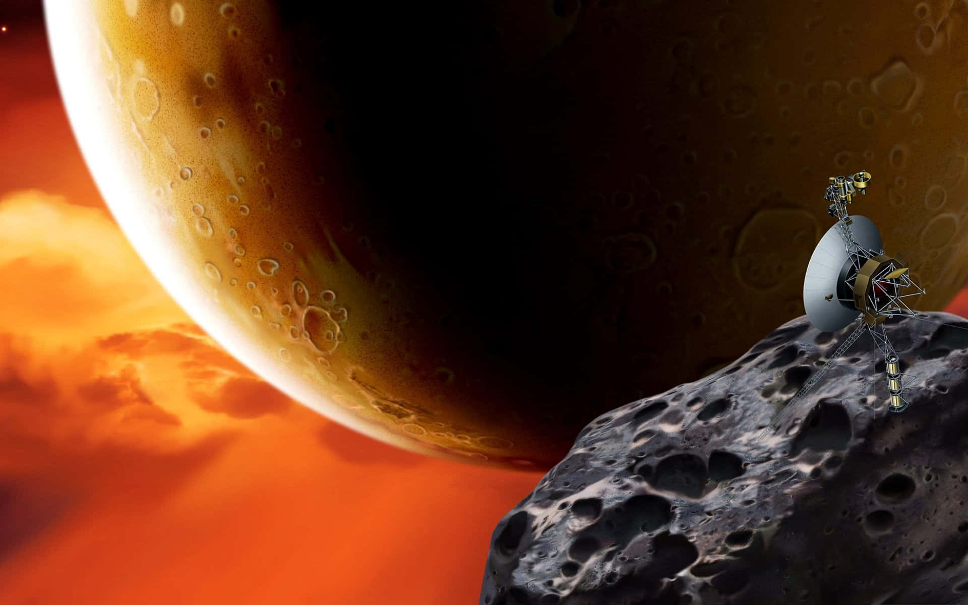 Space Exploration 桌布 壁紙 — 一艘太空船停靠在佈滿隕石坑的小行星上，一顆巨大的橙色行星在熾熱的天空中若隱若現。