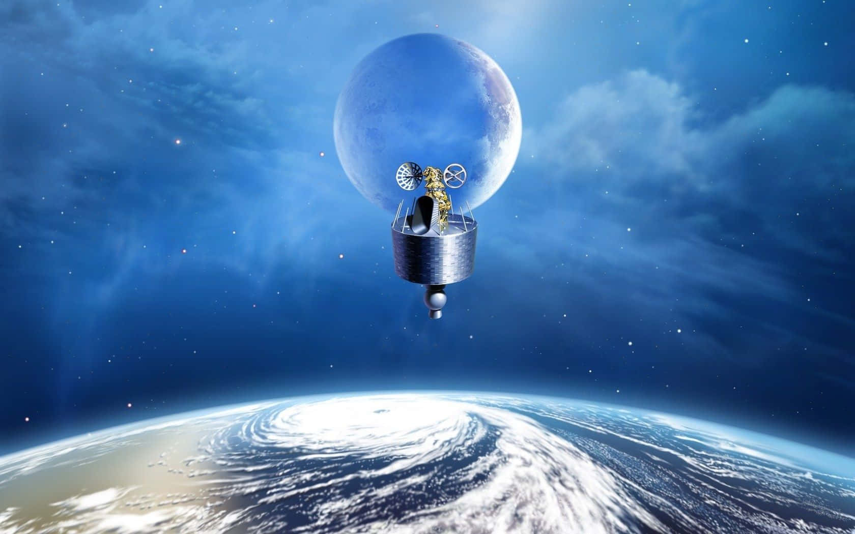 地球上方艙內的太空人，背景有藍色月亮