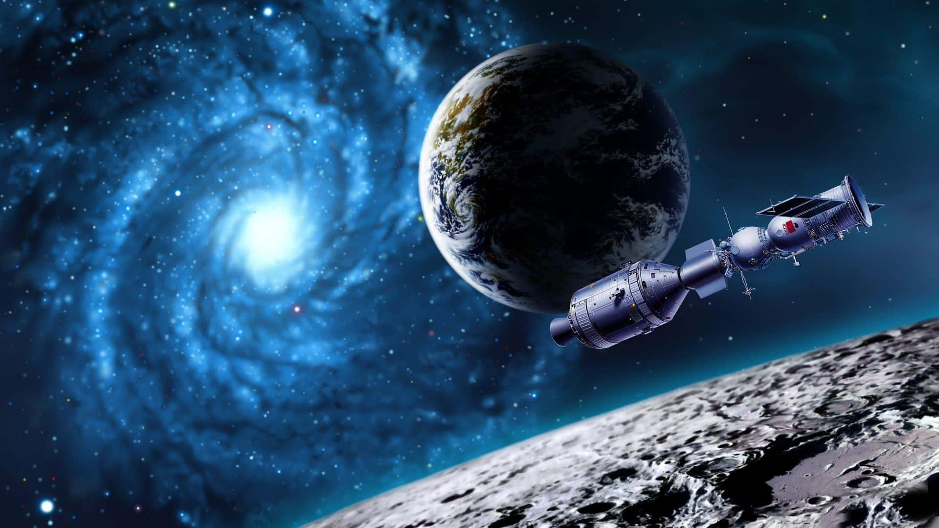 太空站繞地球運行，背景有發光的螺旋星系。