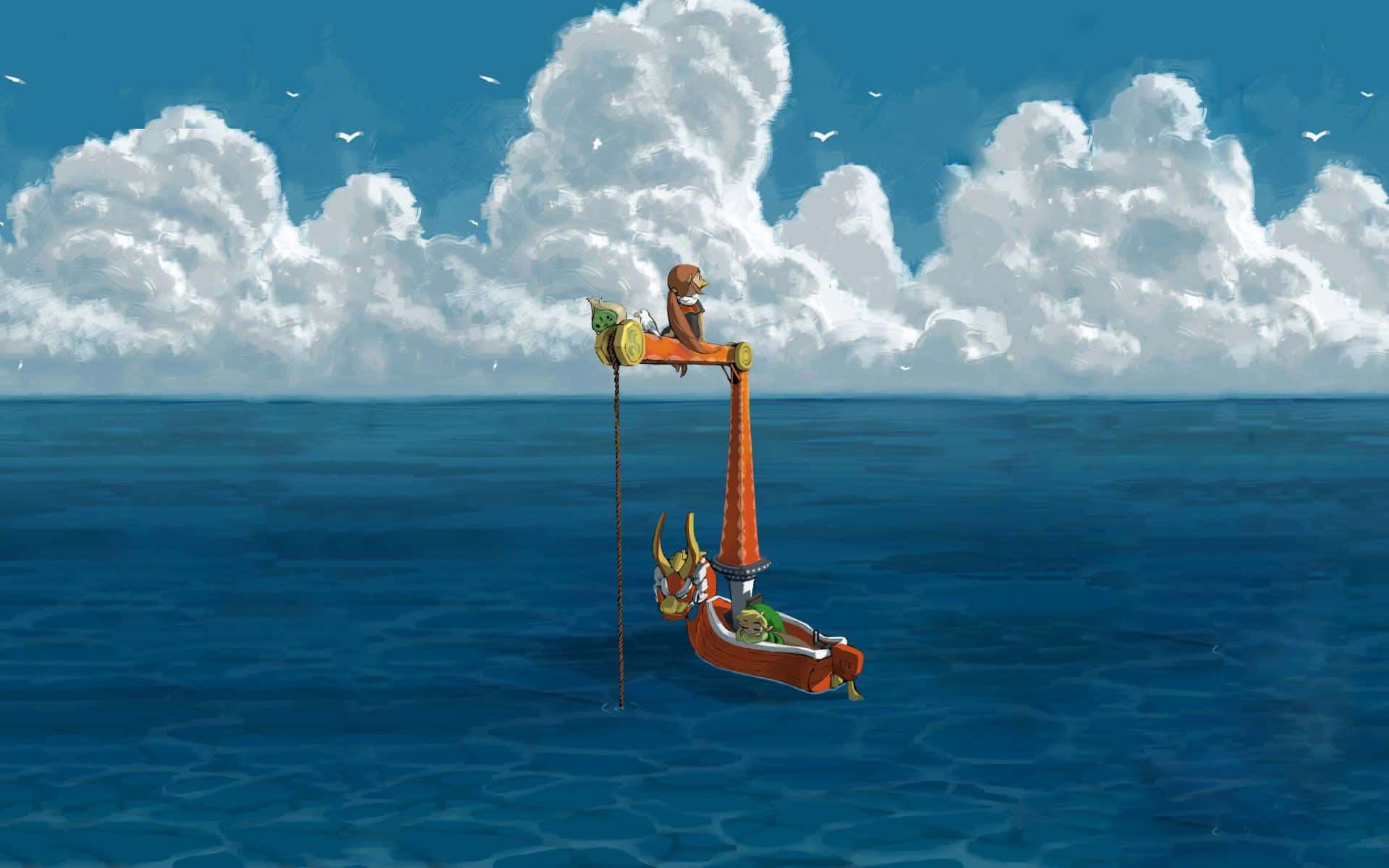 The Legend Of Zelda The Wind Waker 桌布 壁紙 — 一艘奇幻的橙色維京船，船長是一隻熊，在 fluffy 白色雲朵下獨自漂浮在廣闊的藍色海洋上。