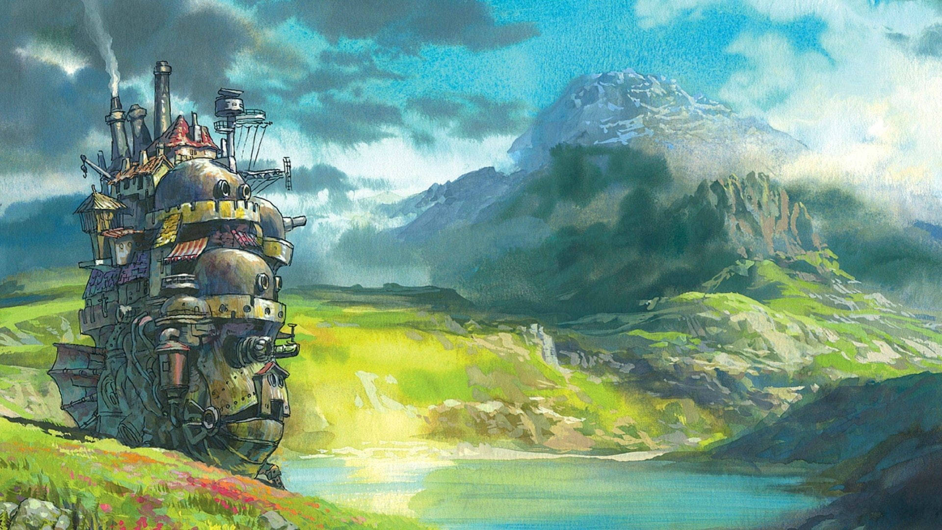 Studio 桌布 壁紙 — 一艘奇幻的蒸氣龐克飛船停泊在湖邊的草地上，背景是雲層密佈的天空下白雪覆蓋的山脈。