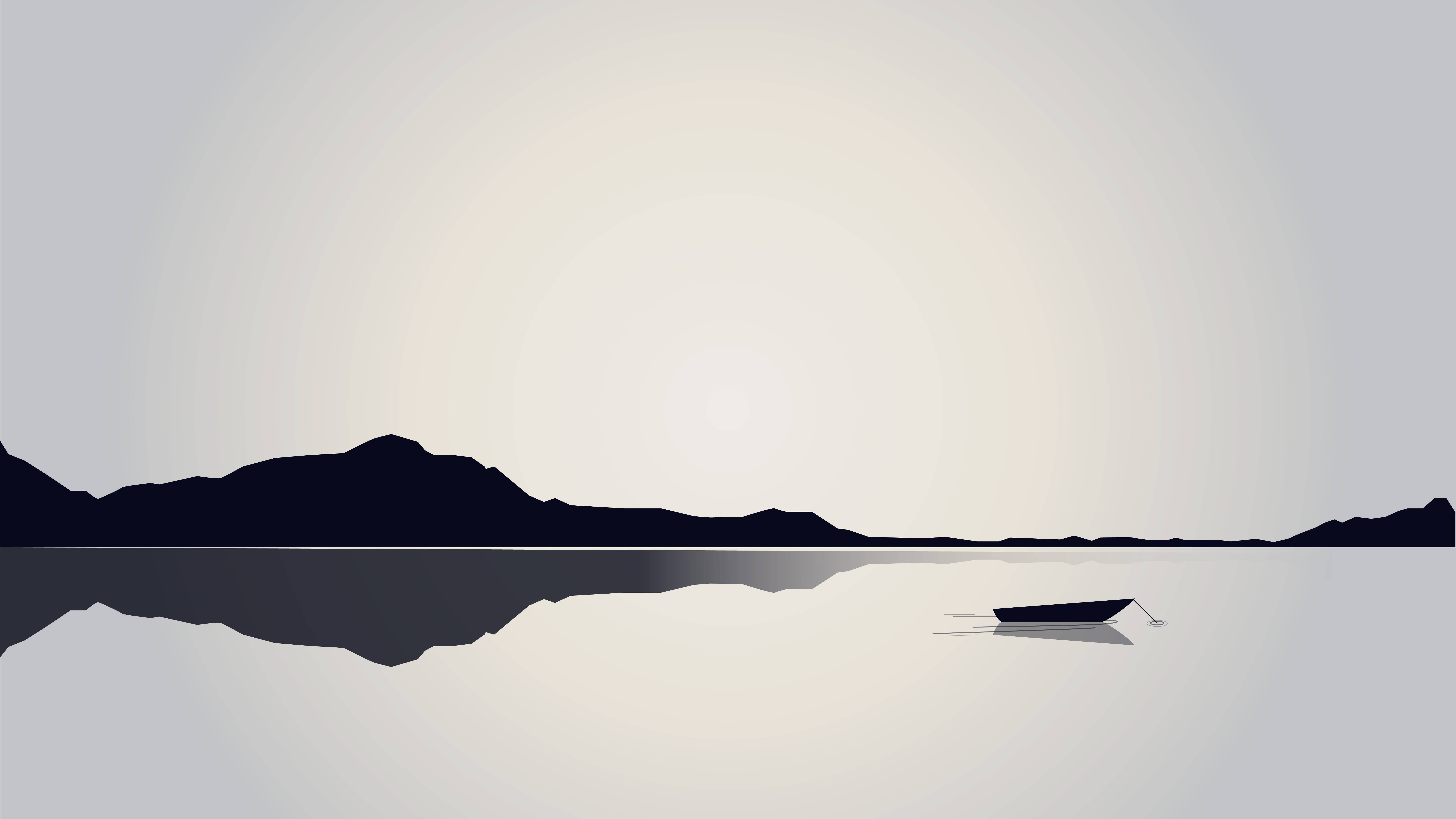 Landscape 桌布 壁紙 — 一艘孤獨的小船漂浮在平靜的水面上，倒映著柔和漸變天空下的黑暗山脈輪廓。