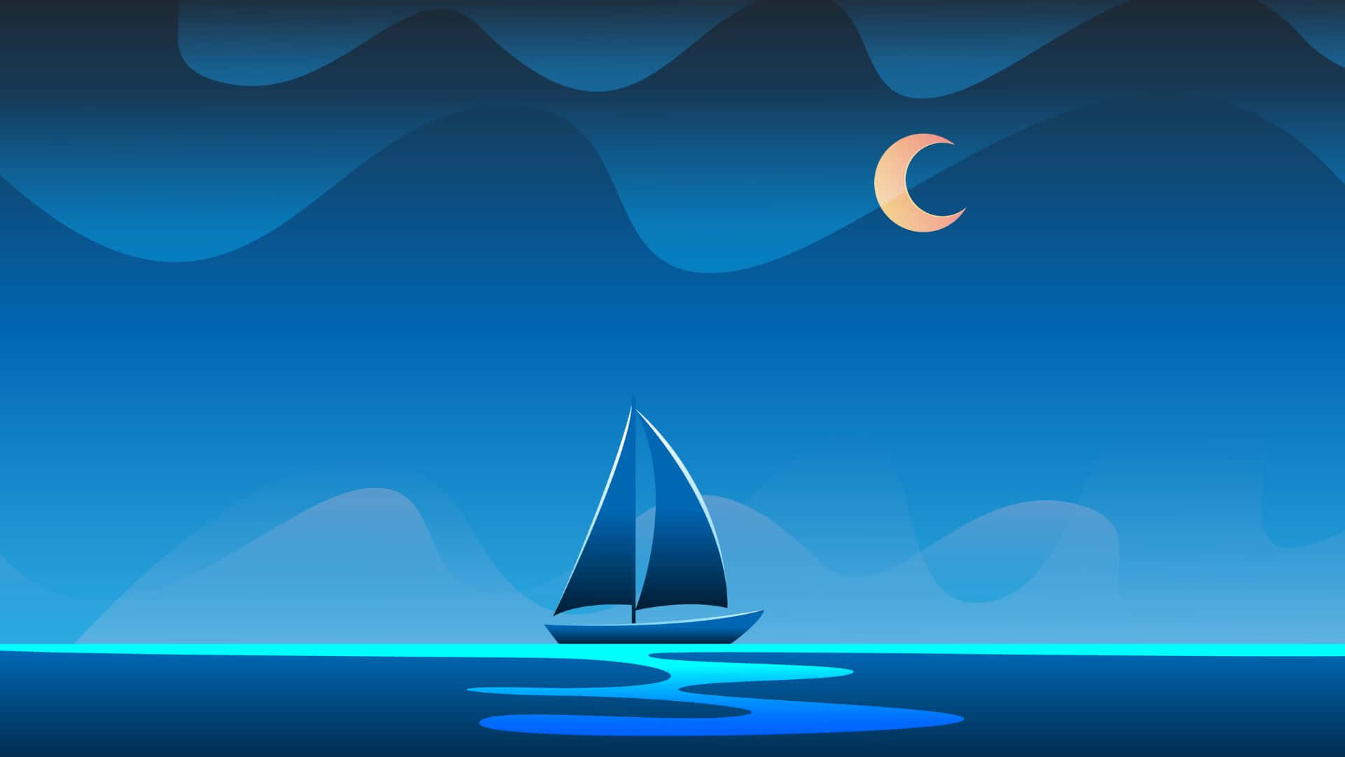 Minimalist Sky 桌布 壁紙 — 一艘孤獨的帆船在新月及風格化波浪雲下，滑過平靜的藍色水域。