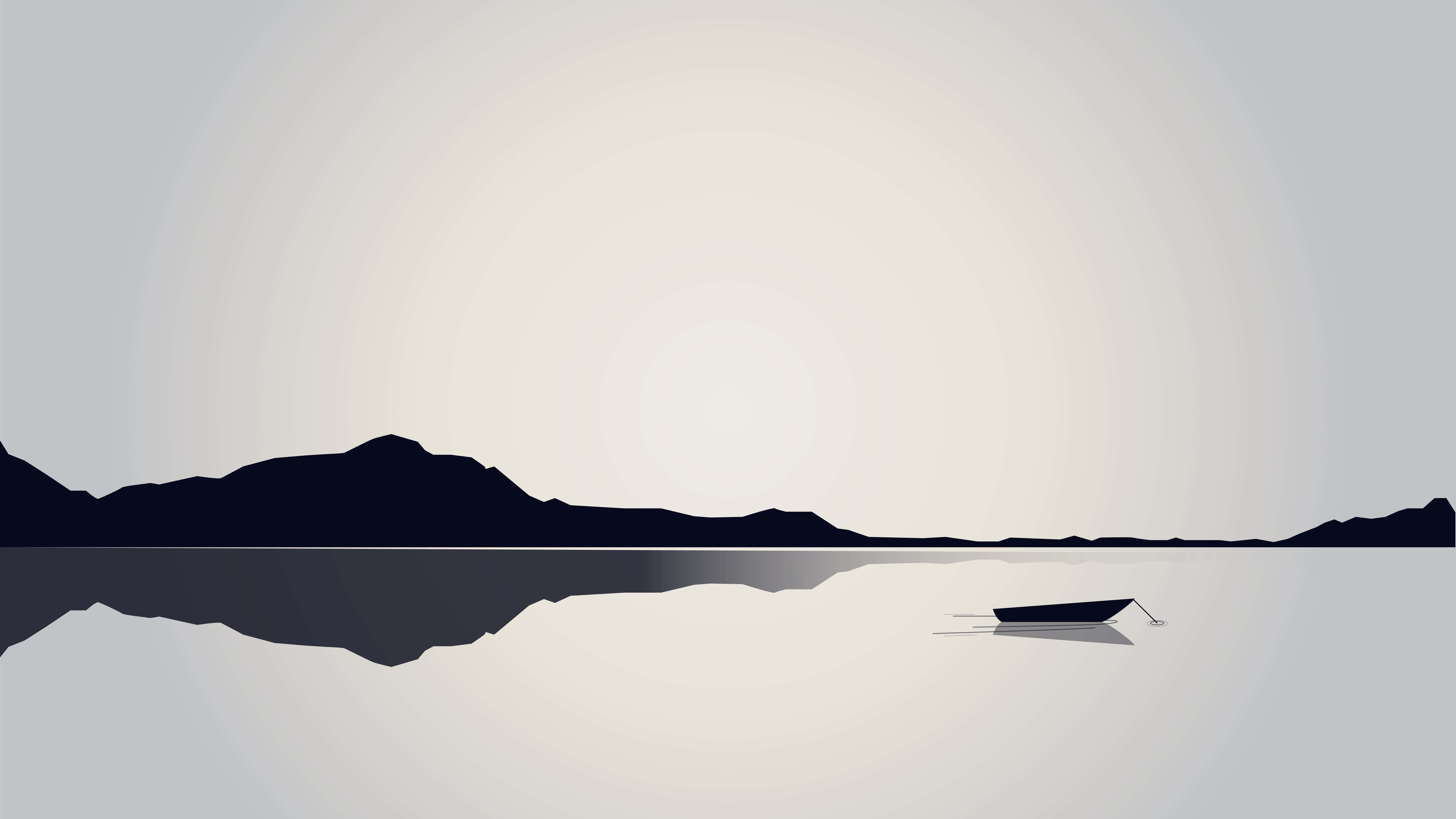 Minimalist Black And White 桌布 壁紙 — 一艘孤舟漂浮在平靜水面上，山巒倒影映襯在柔和漸變天空下的極簡剪影。