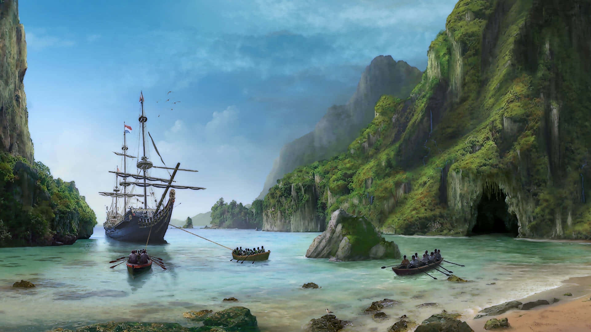 Pirate Ship 桌布 壁紙 — 一艘宏偉的大帆船航行於鬱鬱蔥蔥的綠色峽谷中，划艇載著人們穿越碧綠色的水域。