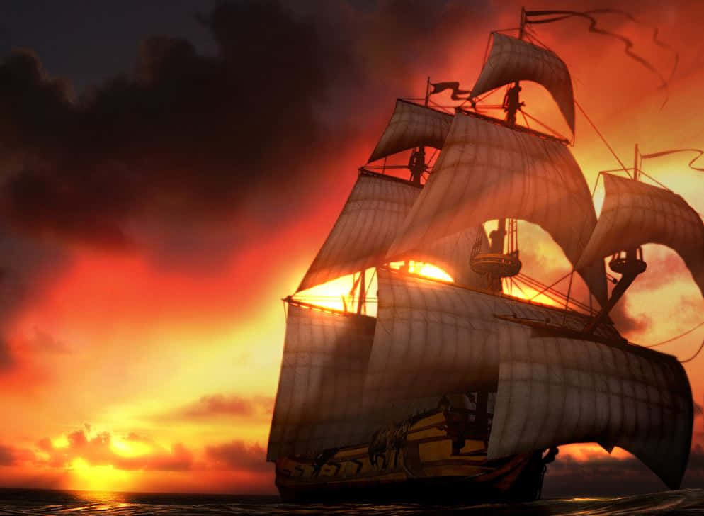 Pirate Ship 桌布 壁紙 — 一艘宏偉的海盜船在火紅的日落天空中航行，船帆在戲劇性的橙色和黑色雲層中鼓脹。