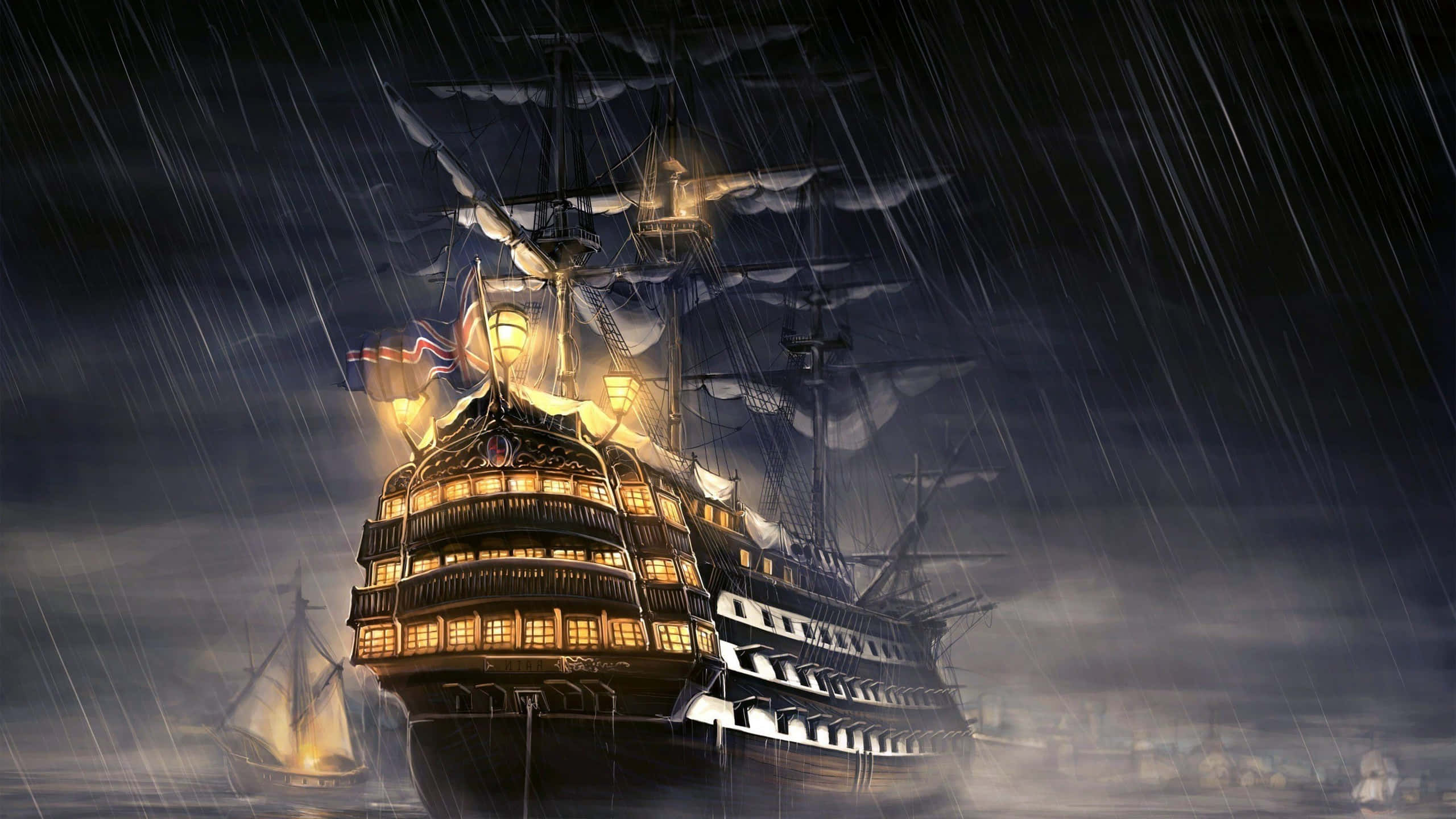 Pirate Ship 桌布 壁紙 — 一艘宏偉的發光帆船在暴風雨之夜中奮戰，雨水劃破黑暗的天空和發光的窗戶。