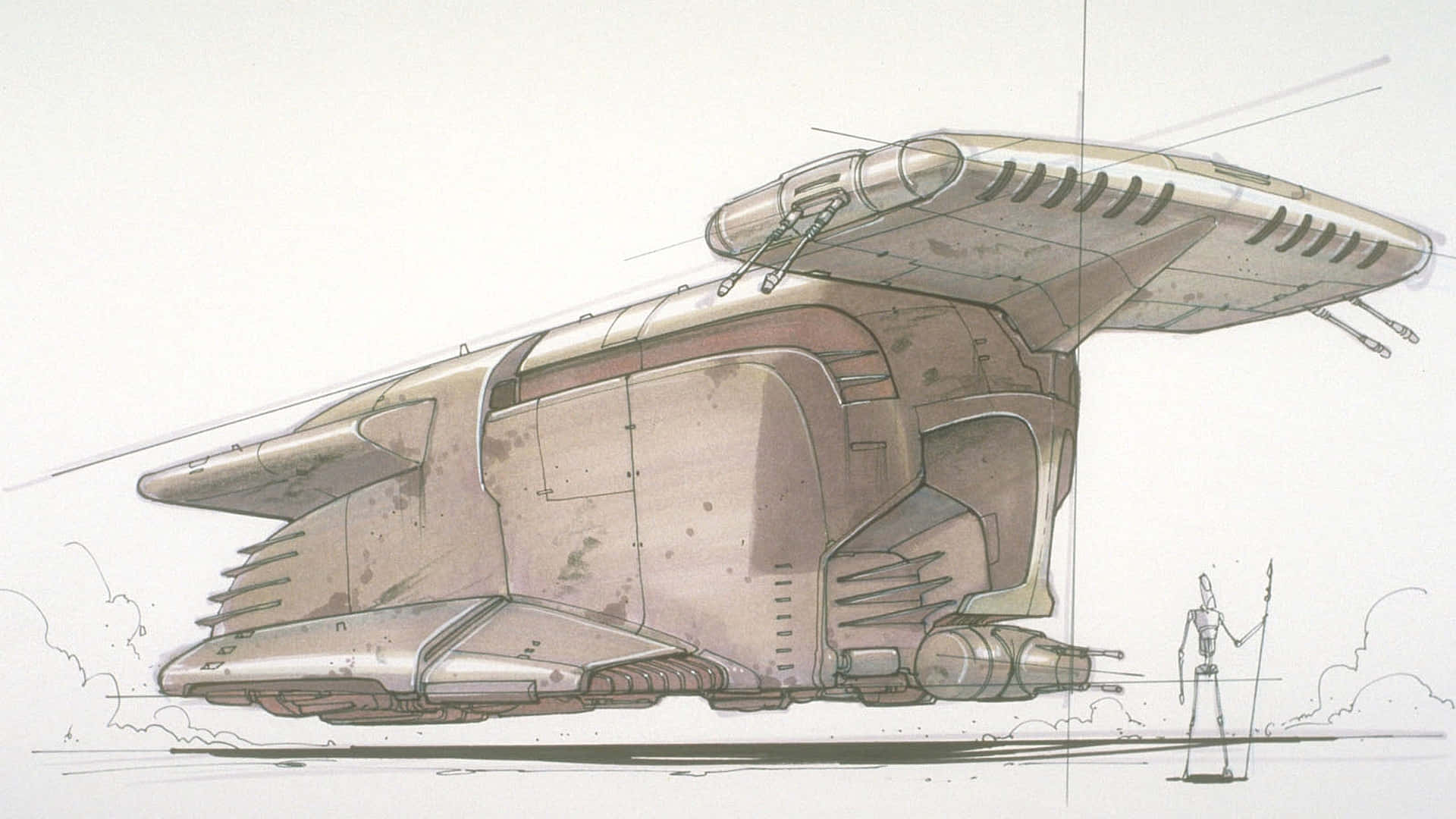 The Trade Federation 桌布 壁紙 — 一艘巨大且歷經風霜的星艦的詳細概念草圖，旁邊站著一個小型人形人物作為比例參考。