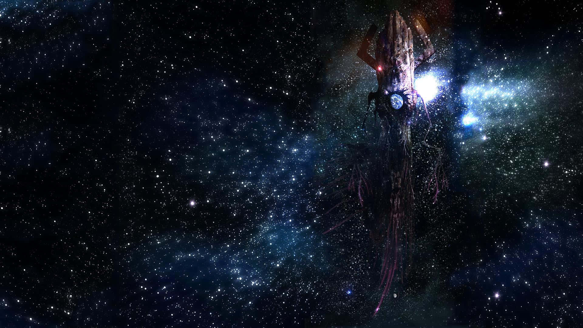 Galactus 桌布 壁紙 — 一艘巨大的外星飛船，帶有發光的藍色引擎，在充滿活力的星雲附近的星場中漂流。