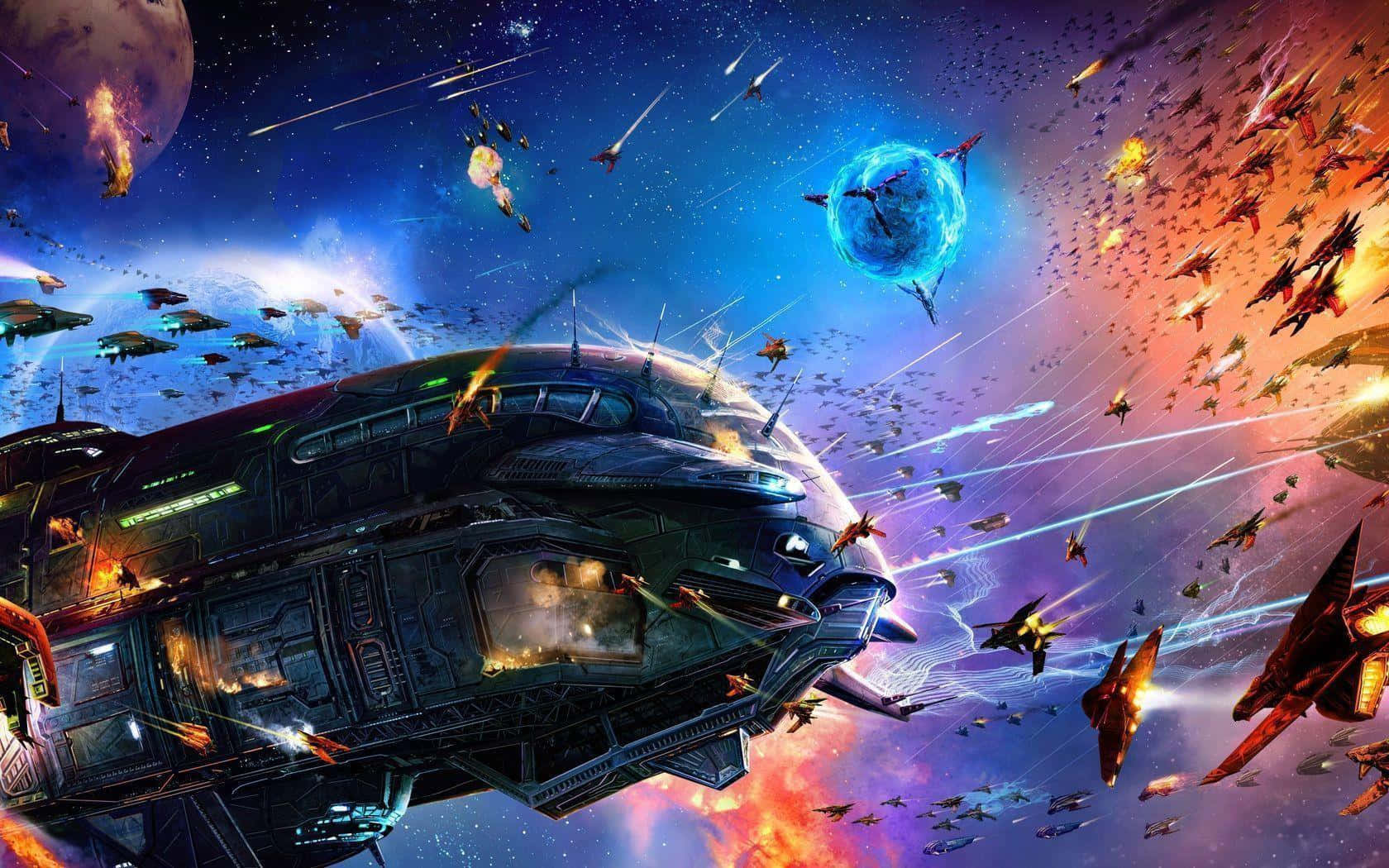 Spacecraft 桌布 壁紙 — 一艘巨大的太空船在充滿活力的宇宙戰場中戰鬥，周圍有發光的行星和劃過的激光火線。