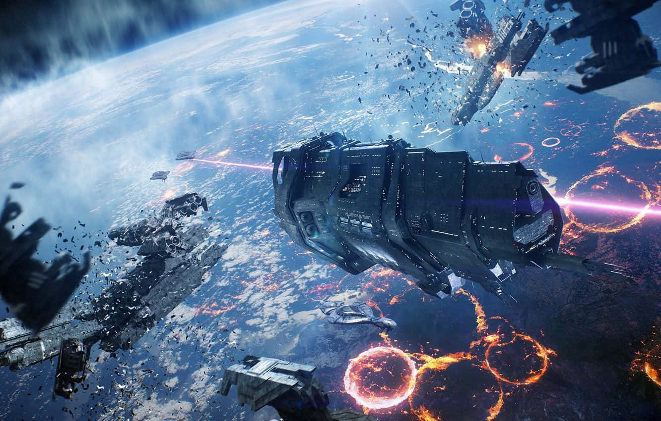 Halo Battle 桌布 壁紙 — 一艘巨大的太空船在藍色星球上空與敵方飛船戰鬥，伴隨著熾熱的爆炸和碎片。