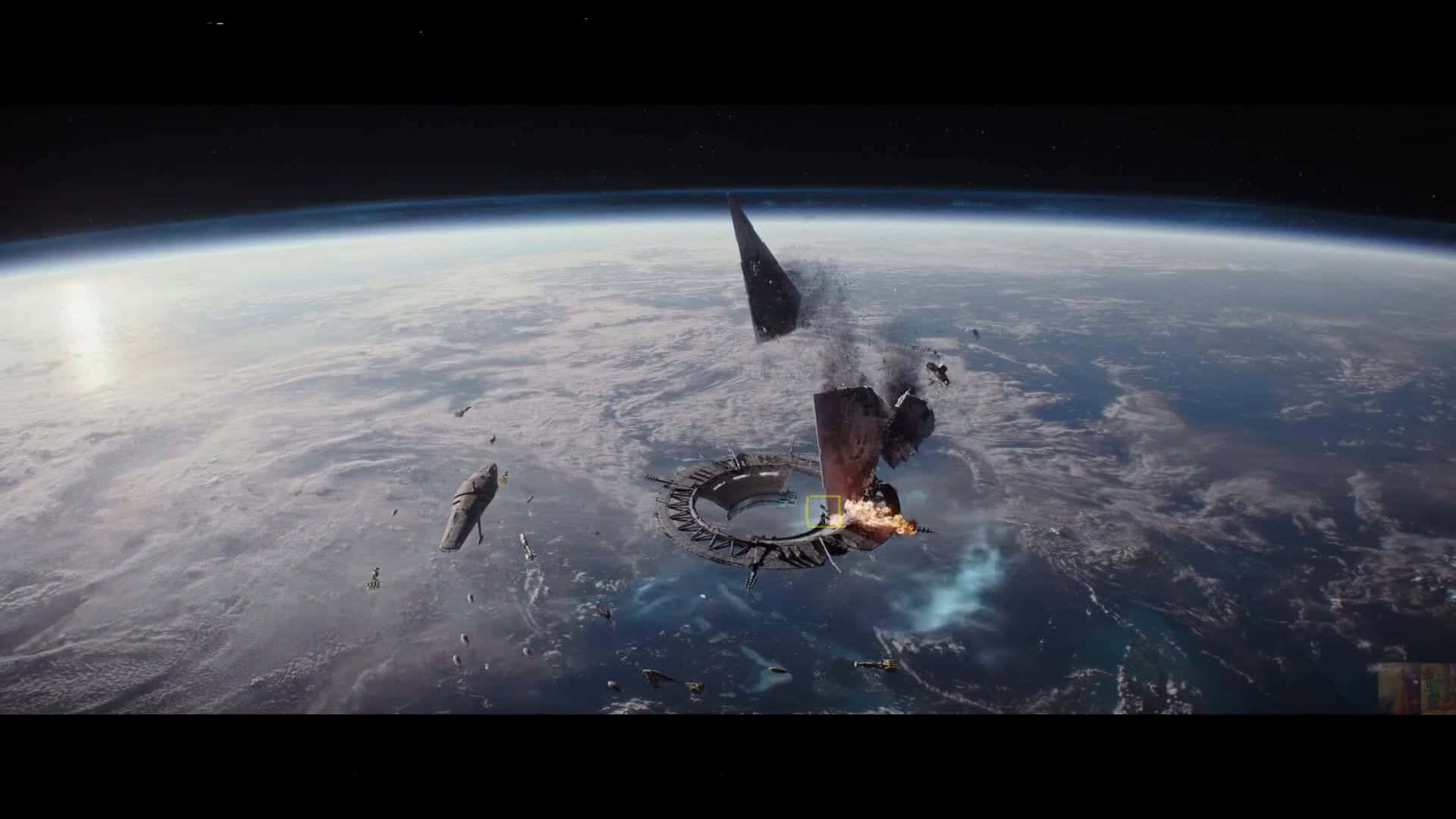 Scarif 桌布 壁紙 — 一艘巨大的太空船墜入地球大氣層，在下面的藍色星球上留下碎片和火痕。