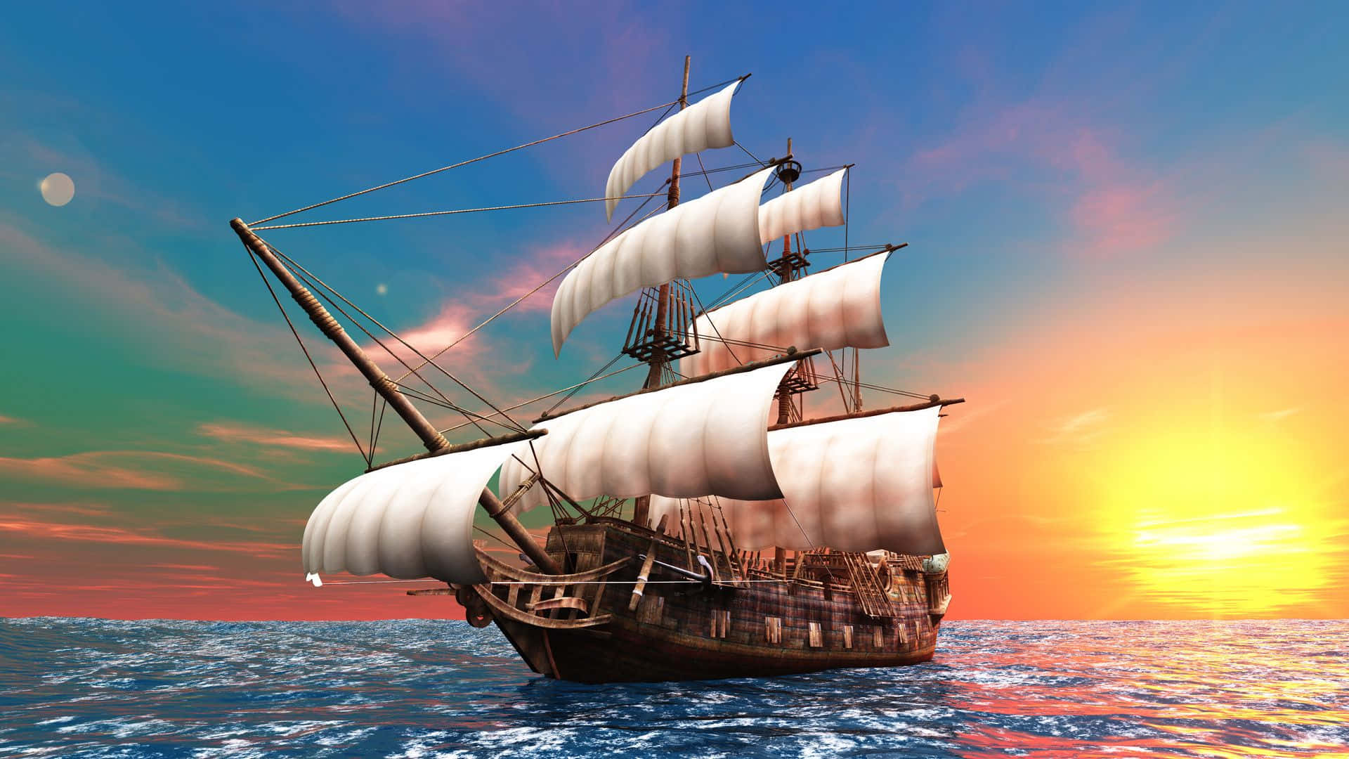 Ship 桌布 壁紙 — 一艘巨大的帆船揚起白色風帆，在色彩繽紛的天空下，滑過充滿活力的日落大海。