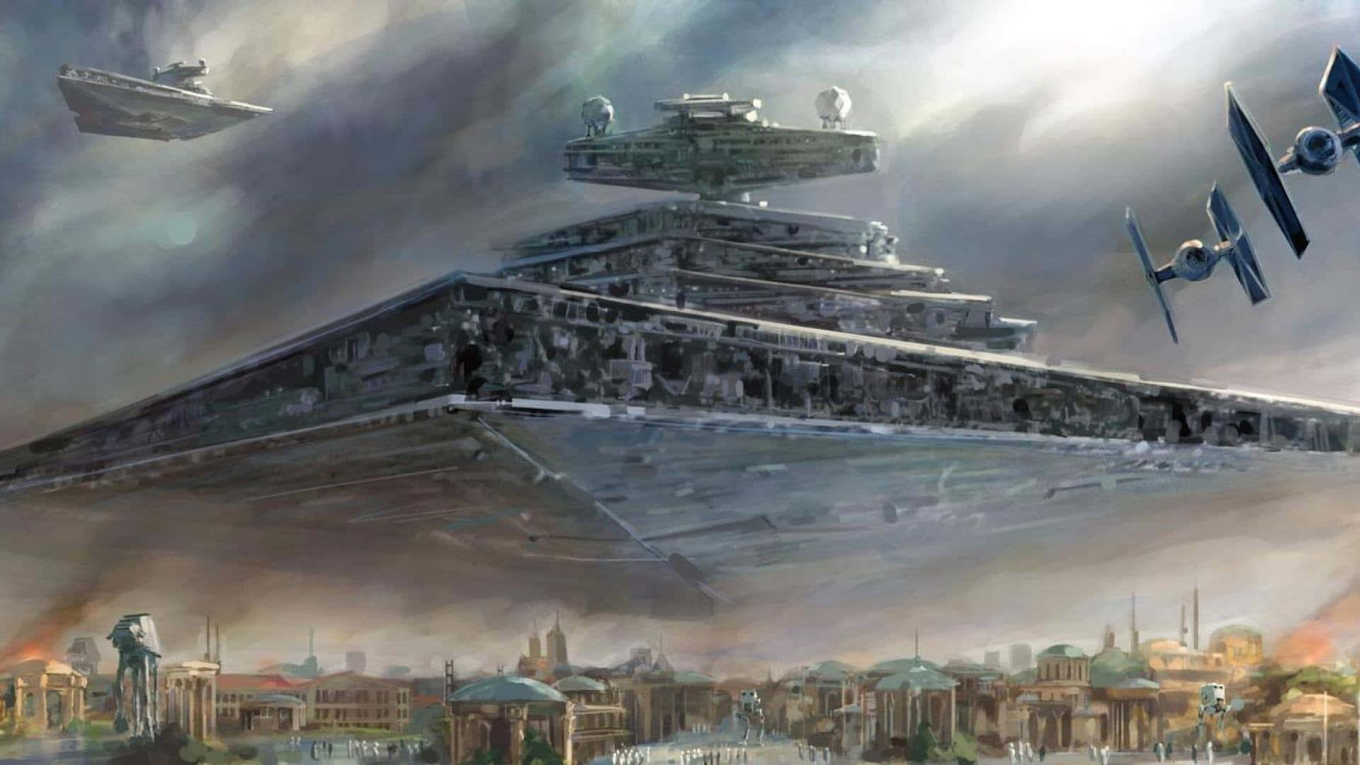Naboo 桌布 壁紙 — 一艘巨大的星際毀滅者籠罩著城市景觀，TIE戰機和星艦在多雲的天空中戰鬥。