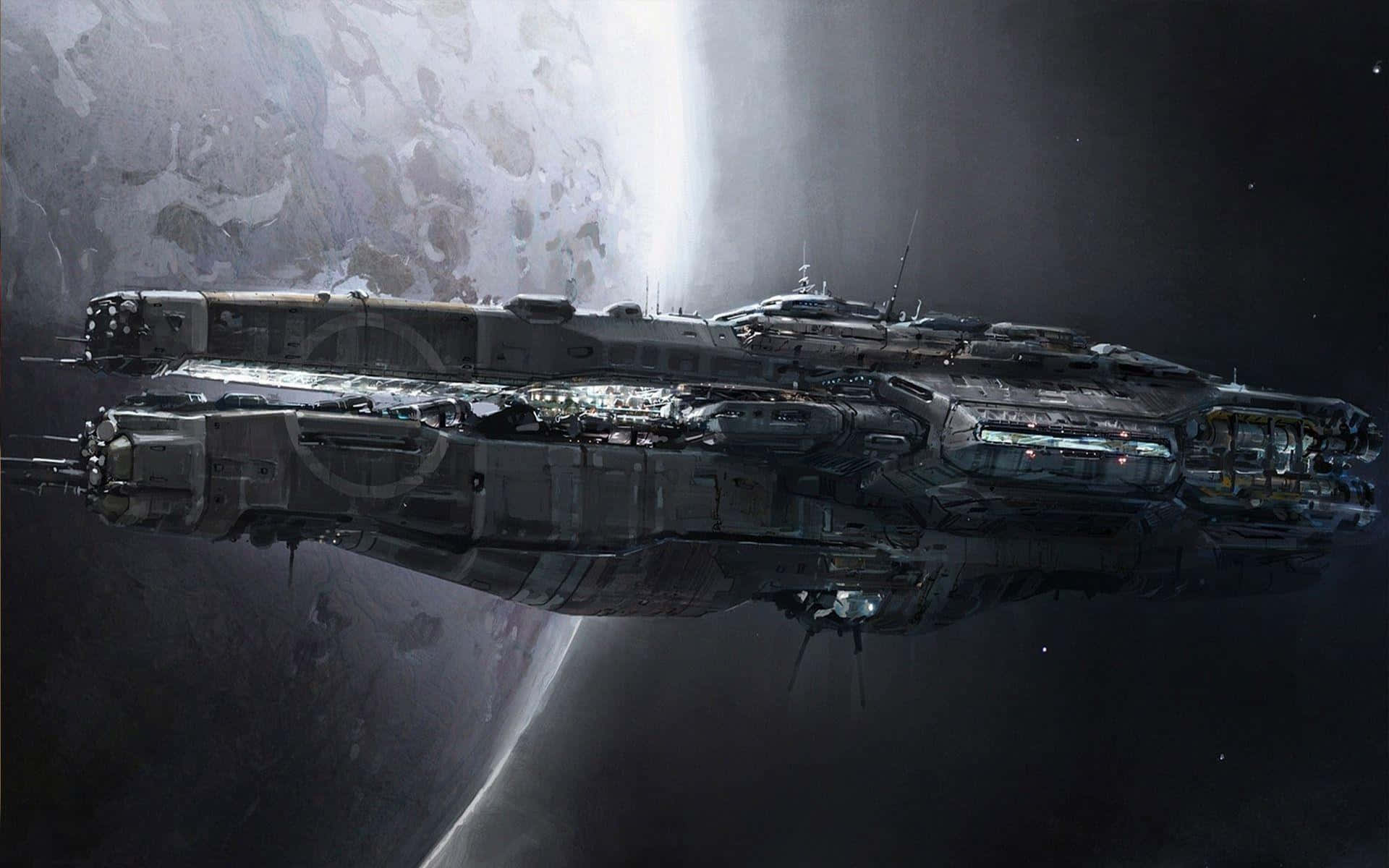 Spaceship 桌布 壁紙 — 一艘巨大的未來太空船在太空滑行，靠近一顆帶有發光大氣邊緣的行星。