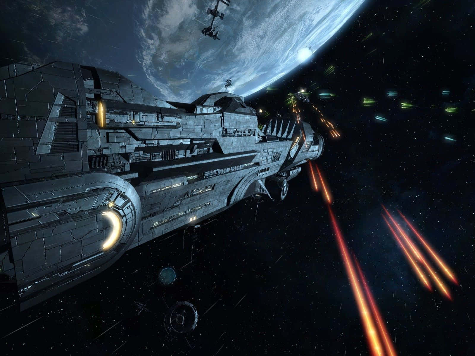 Halo Battle 桌布 壁紙 — 一艘巨大的未來太空船在深空中，靠近一個帶有漩渦雲層的藍色行星，發射發光的橙色激光。