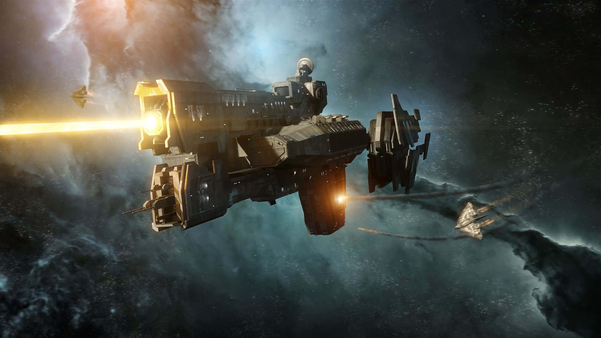 Halo Battle 桌布 壁紙 — 一艘巨大的未來太空船在深空中穿過旋轉星雲發射明亮的黃色激光。