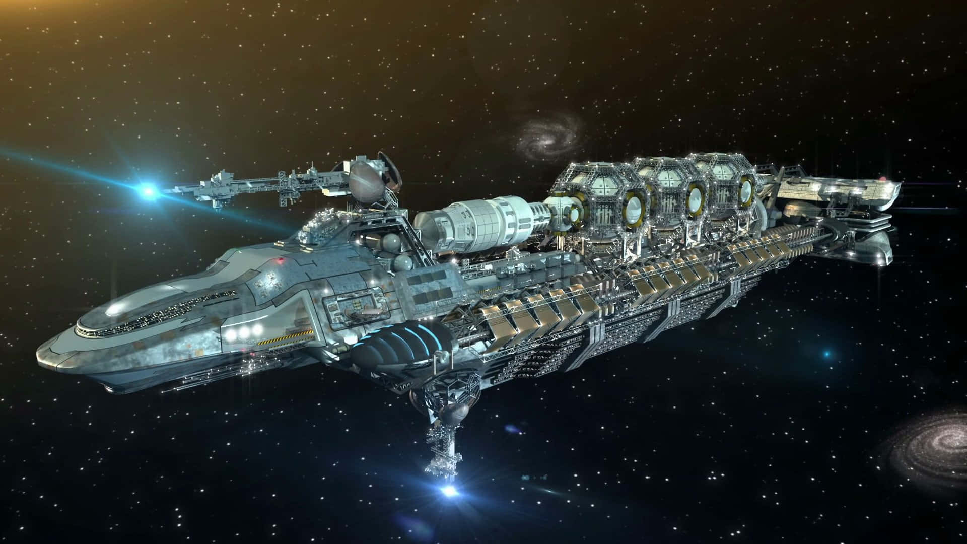 Spacecraft 桌布 壁紙 — 一艘巨大的未來太空船帶著發光的引擎在星域中滑行，附近是旋轉的星系。